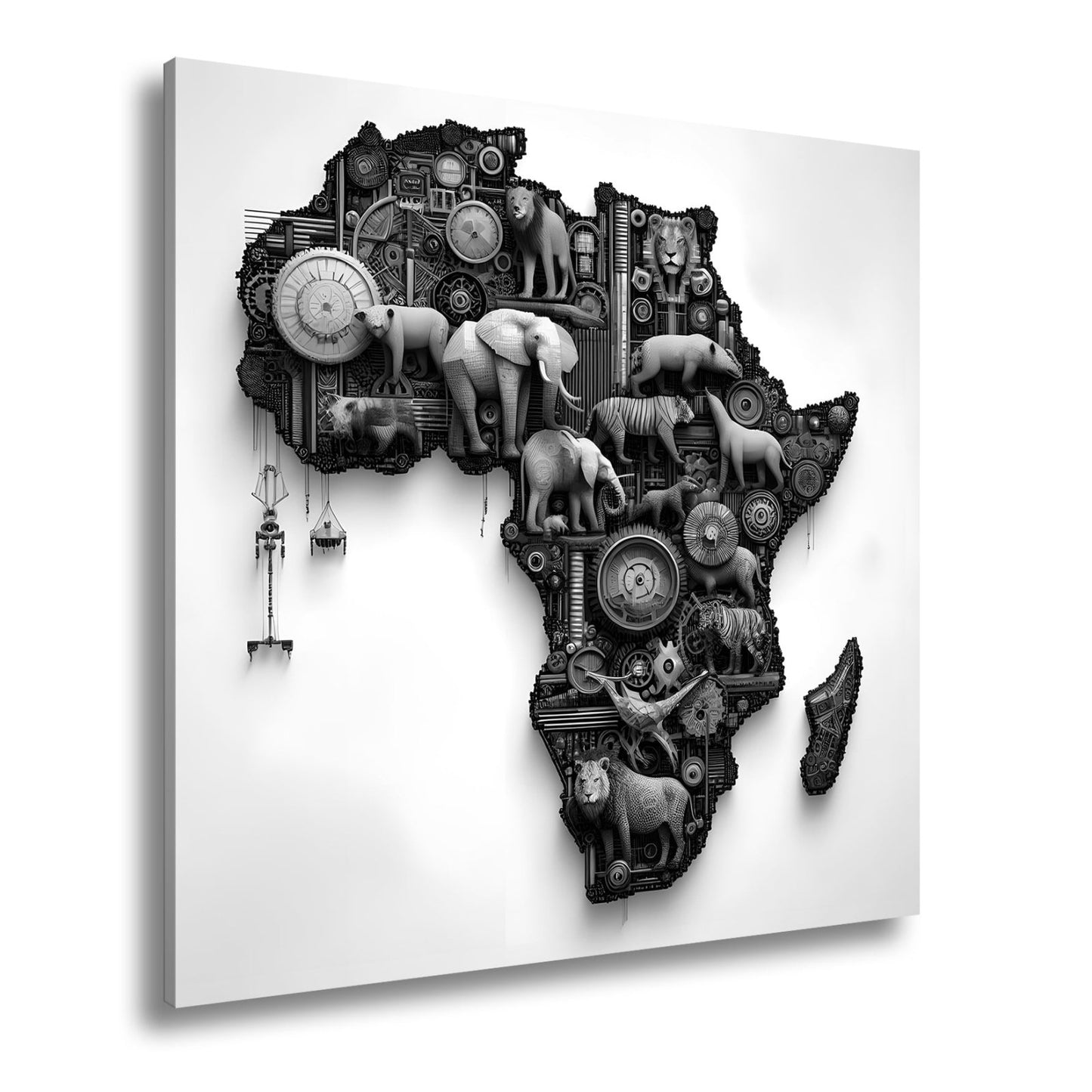 Leinwandbild Afrika aus Zahnrädern, Tieren und kunstvoller Mechanik. - deyoli