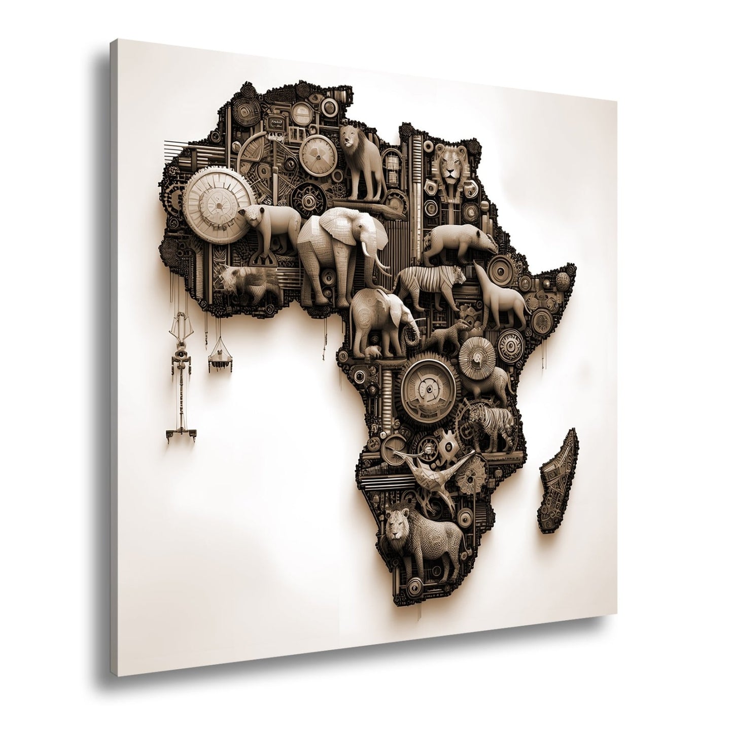 Leinwandbild Afrika aus Zahnrädern, Tieren und kunstvoller Mechanik. - deyoli