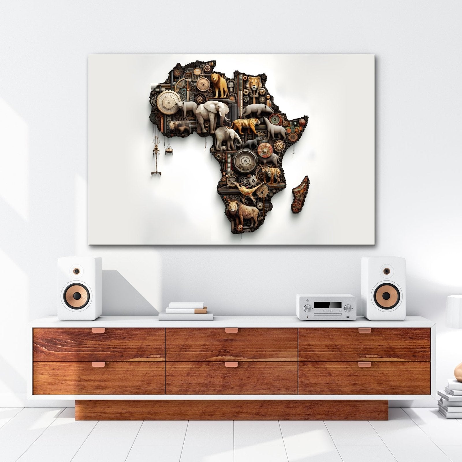 Leinwandbild Afrika aus Zahnrädern, Tieren und kunstvoller Mechanik. - deyoli