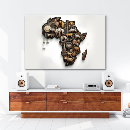 Leinwandbild Afrika aus Zahnrädern, Tieren und kunstvoller Mechanik. - deyoli