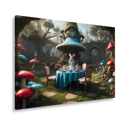 Leinwandbild Alice - Tafelrunde zwischen Riesenpilzen und fantastischen Formen - deyoli