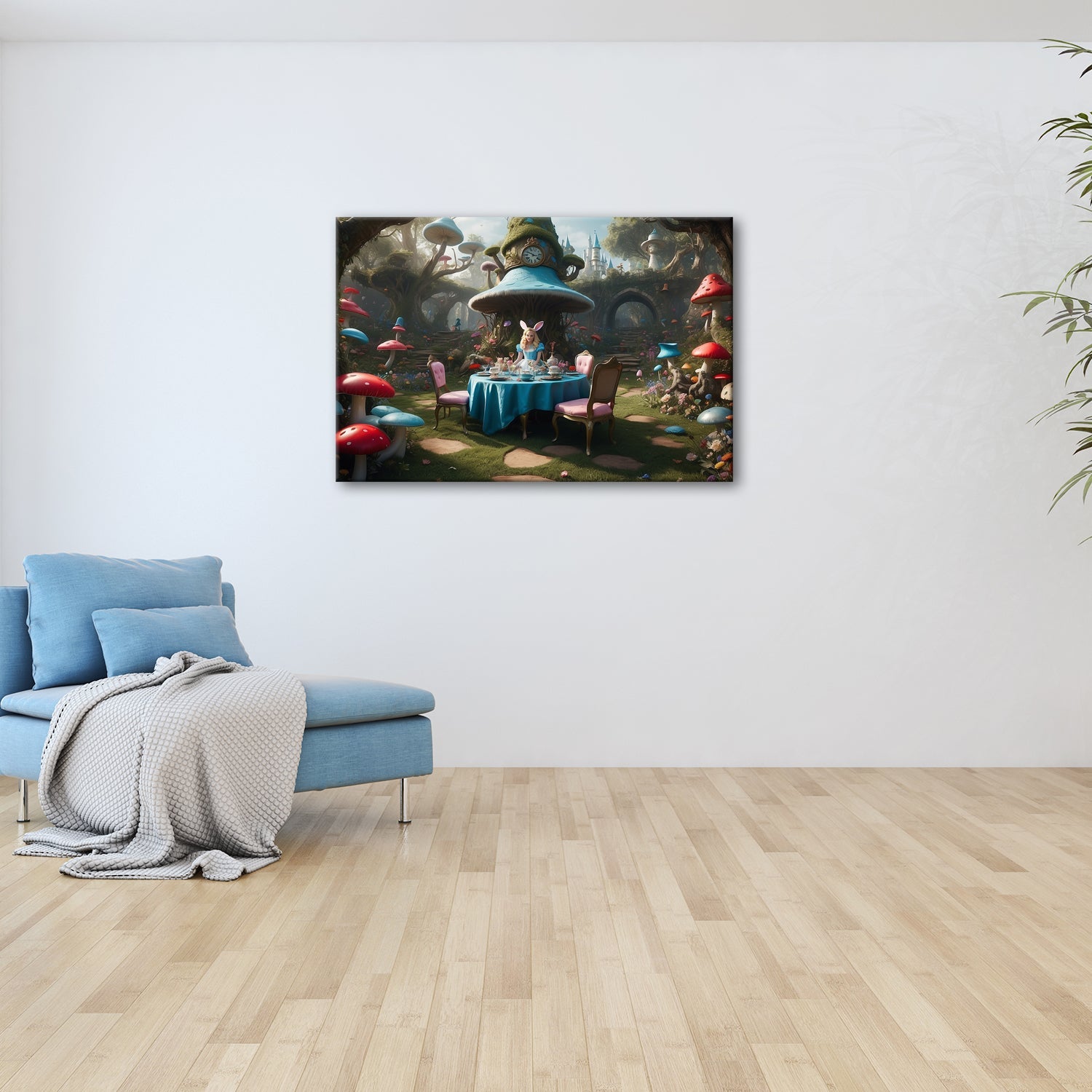 Leinwandbild Alice - Tafelrunde zwischen Riesenpilzen und fantastischen Formen - deyoli