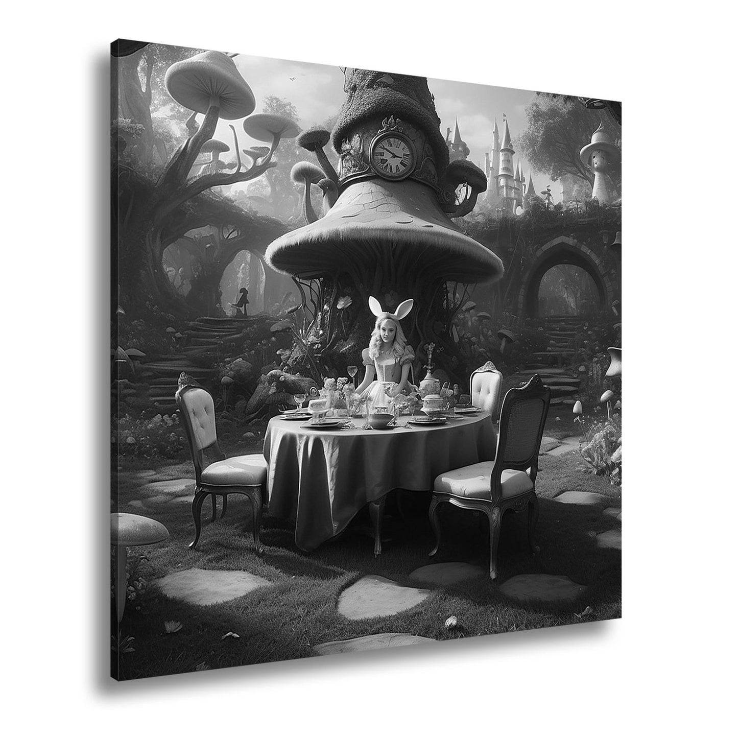 Leinwandbild Alice - Tafelrunde zwischen Riesenpilzen und fantastischen Formen - deyoli