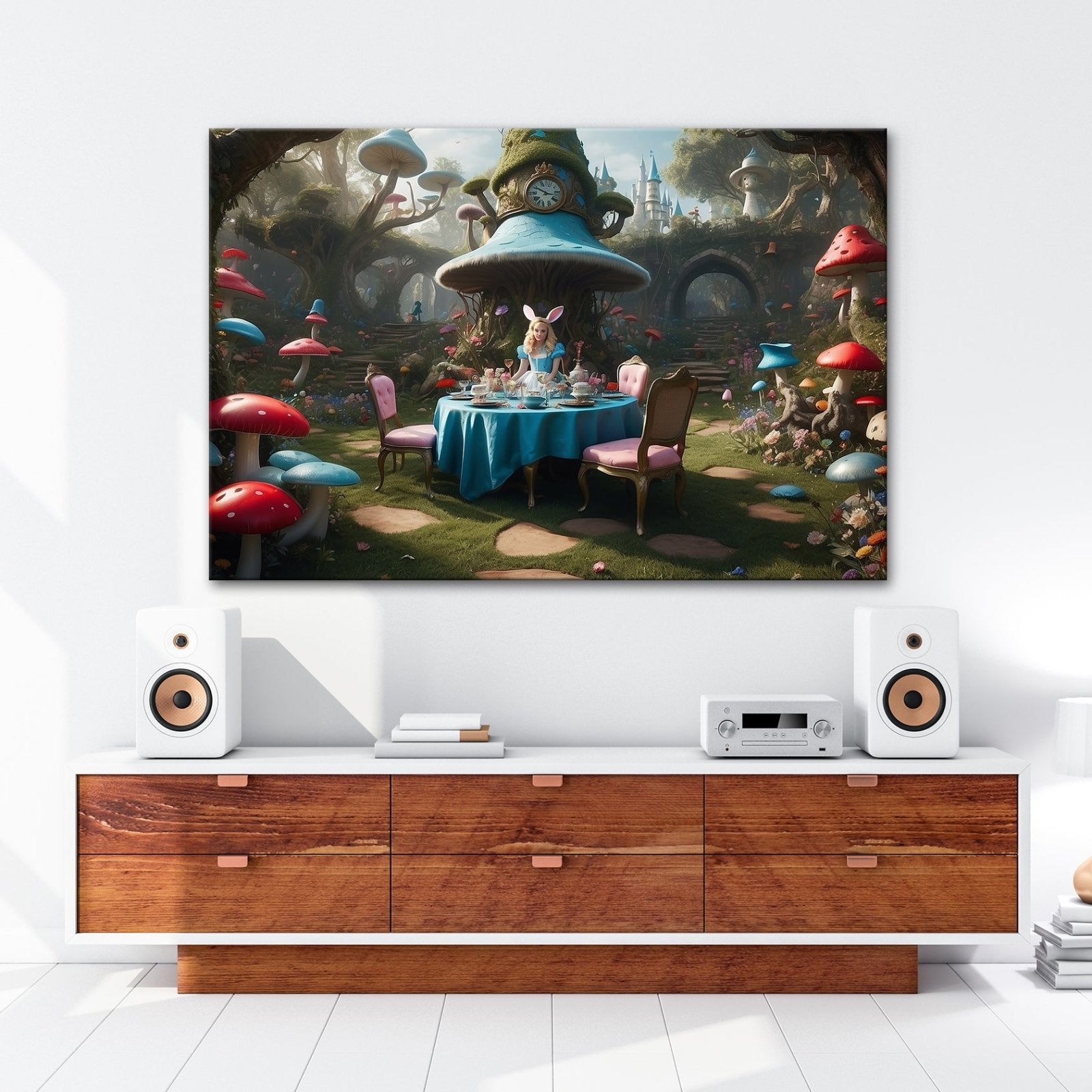 Leinwandbild Alice - Tafelrunde zwischen Riesenpilzen und fantastischen Formen - deyoli
