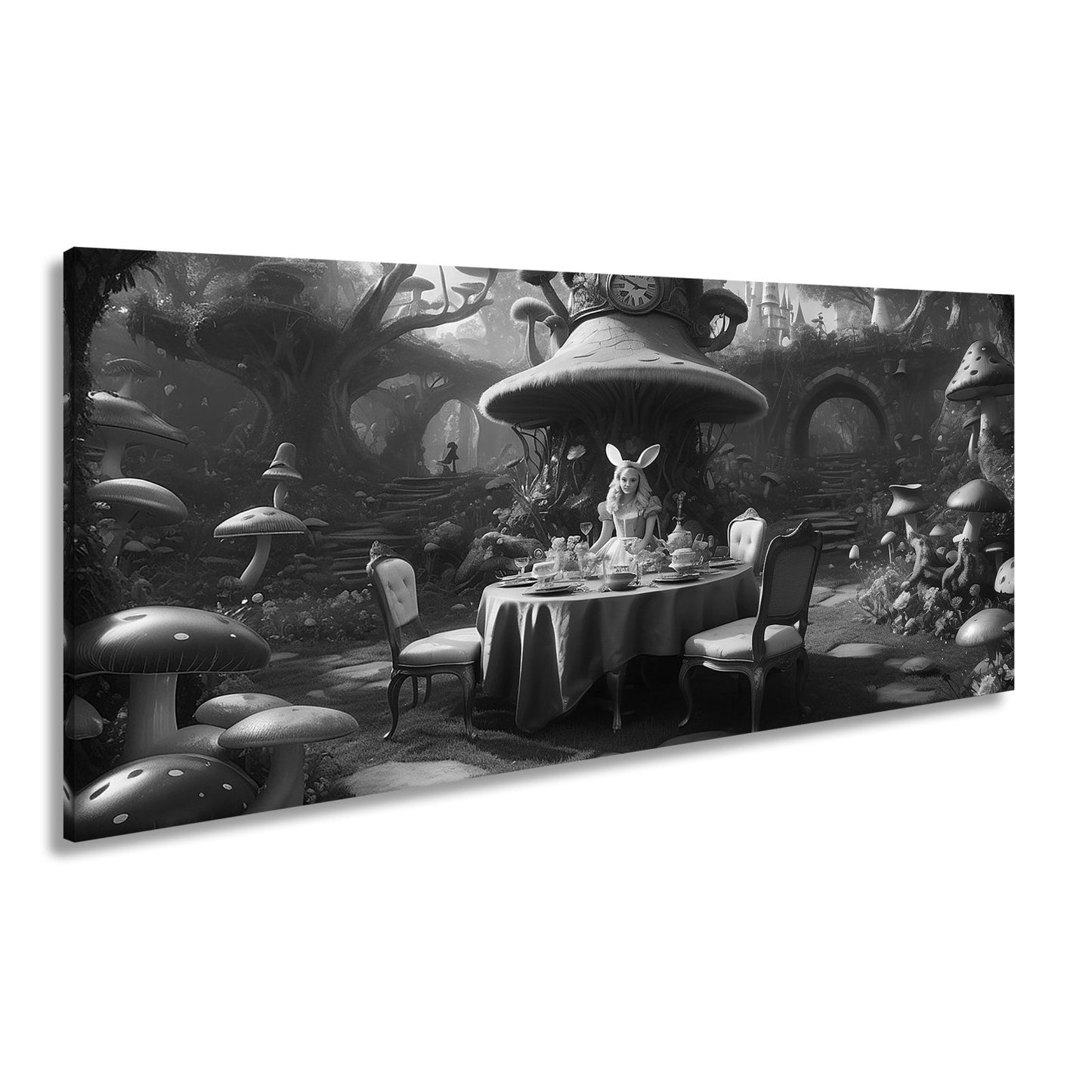 Leinwandbild Alice - Tafelrunde zwischen Riesenpilzen und fantastischen Formen - deyoli