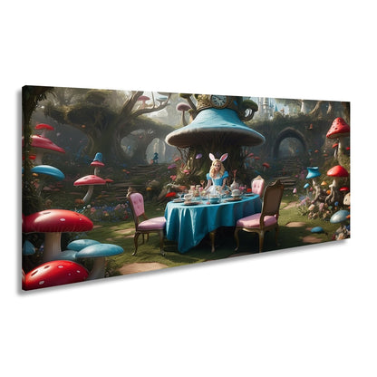 Leinwandbild Alice - Tafelrunde zwischen Riesenpilzen und fantastischen Formen - deyoli
