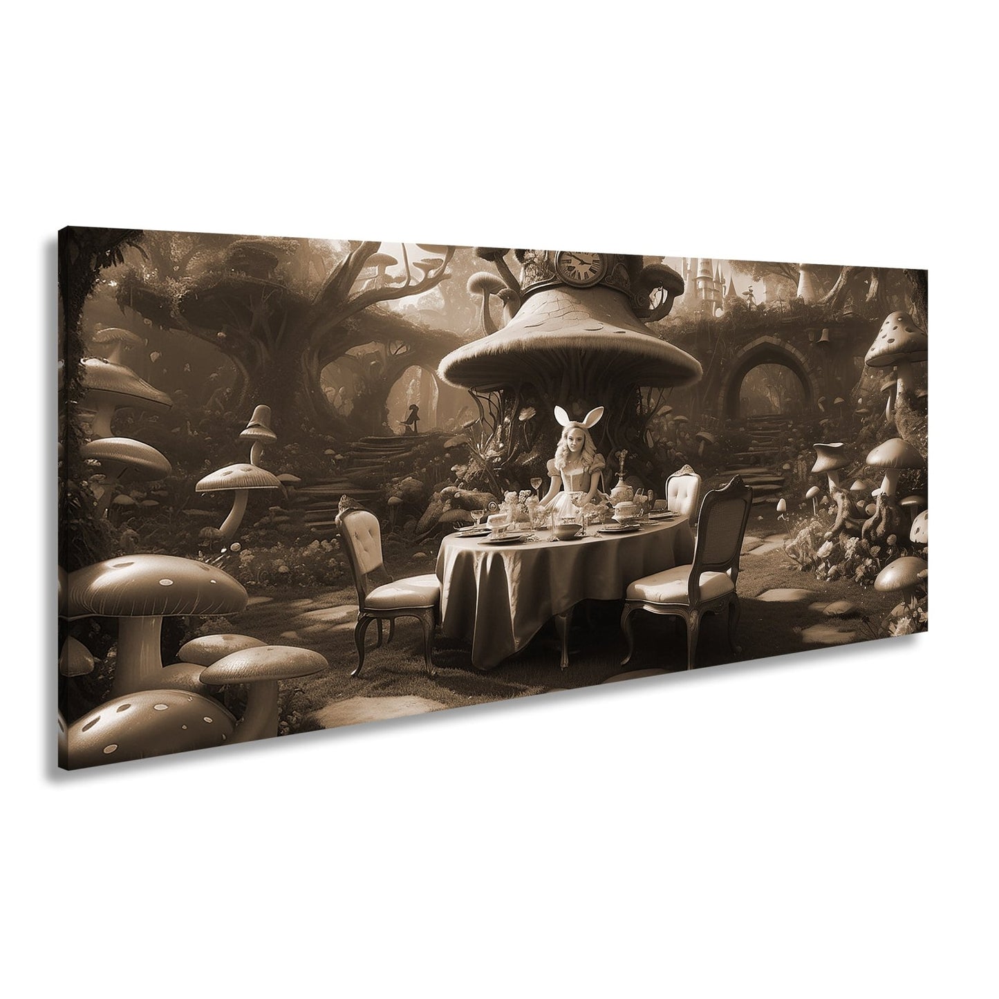 Leinwandbild Alice - Tafelrunde zwischen Riesenpilzen und fantastischen Formen - deyoli