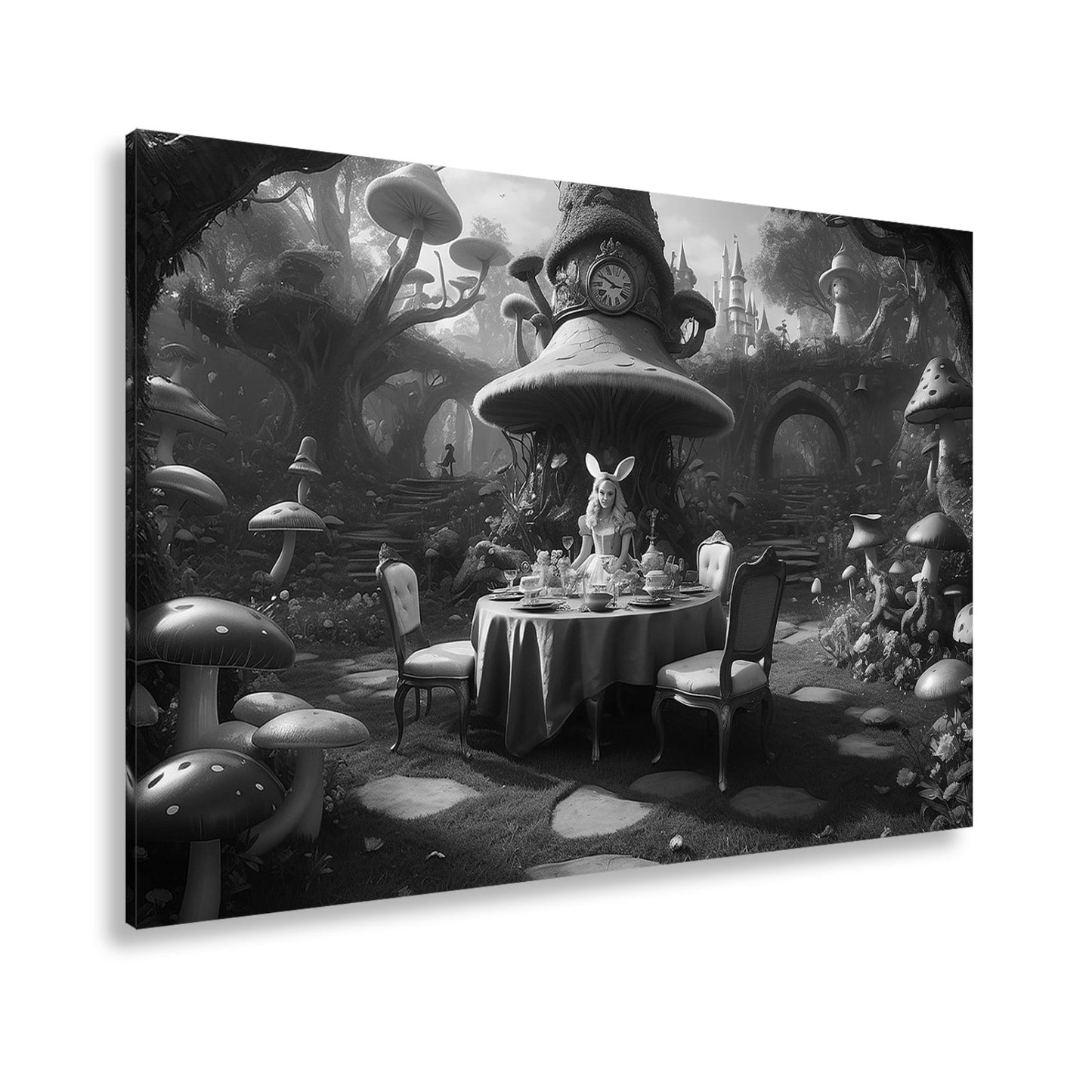Leinwandbild Alice - Tafelrunde zwischen Riesenpilzen und fantastischen Formen - deyoli
