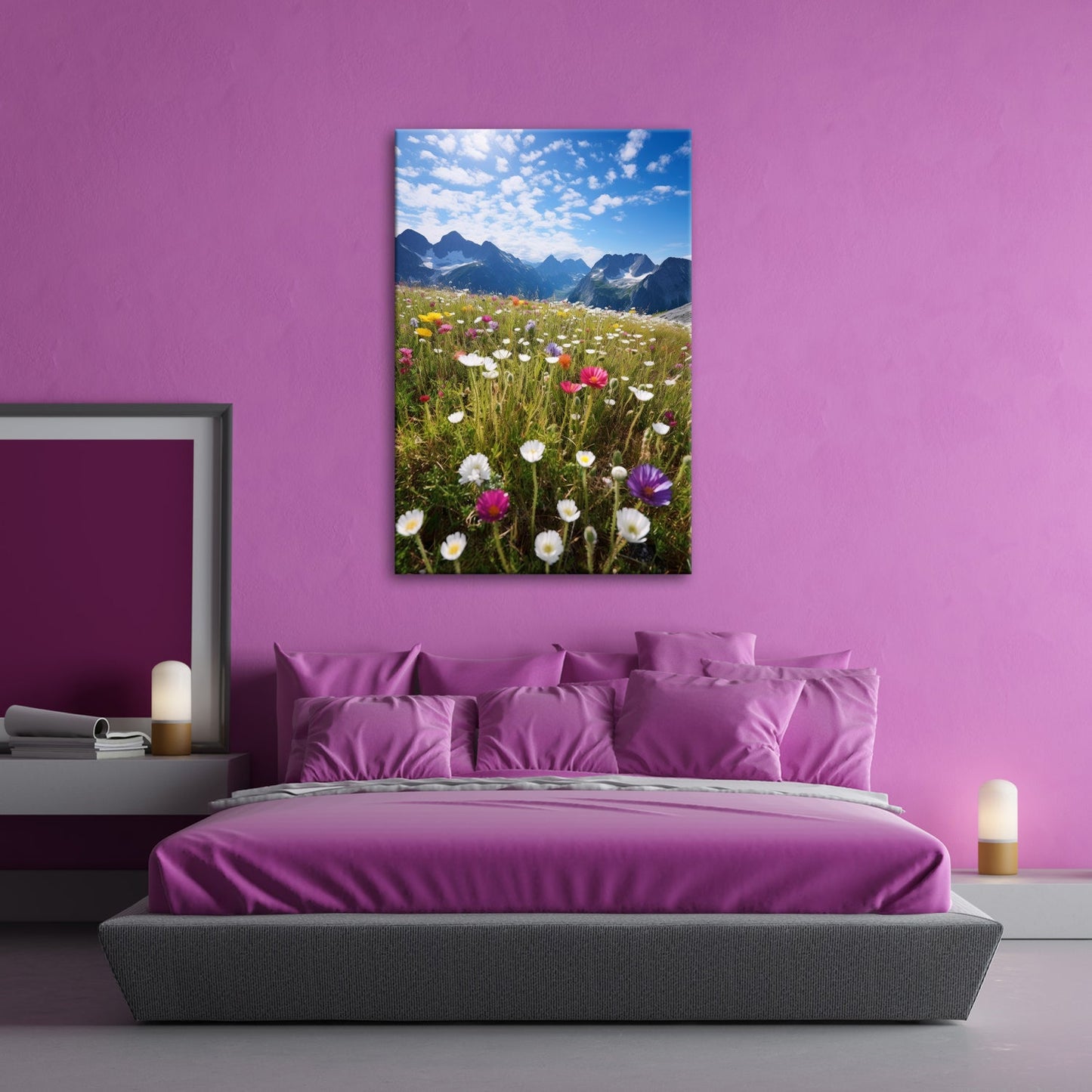 Leinwandbild Alpenblumen erblühen stolz vor majestätischer Bergkulisse. - deyoli