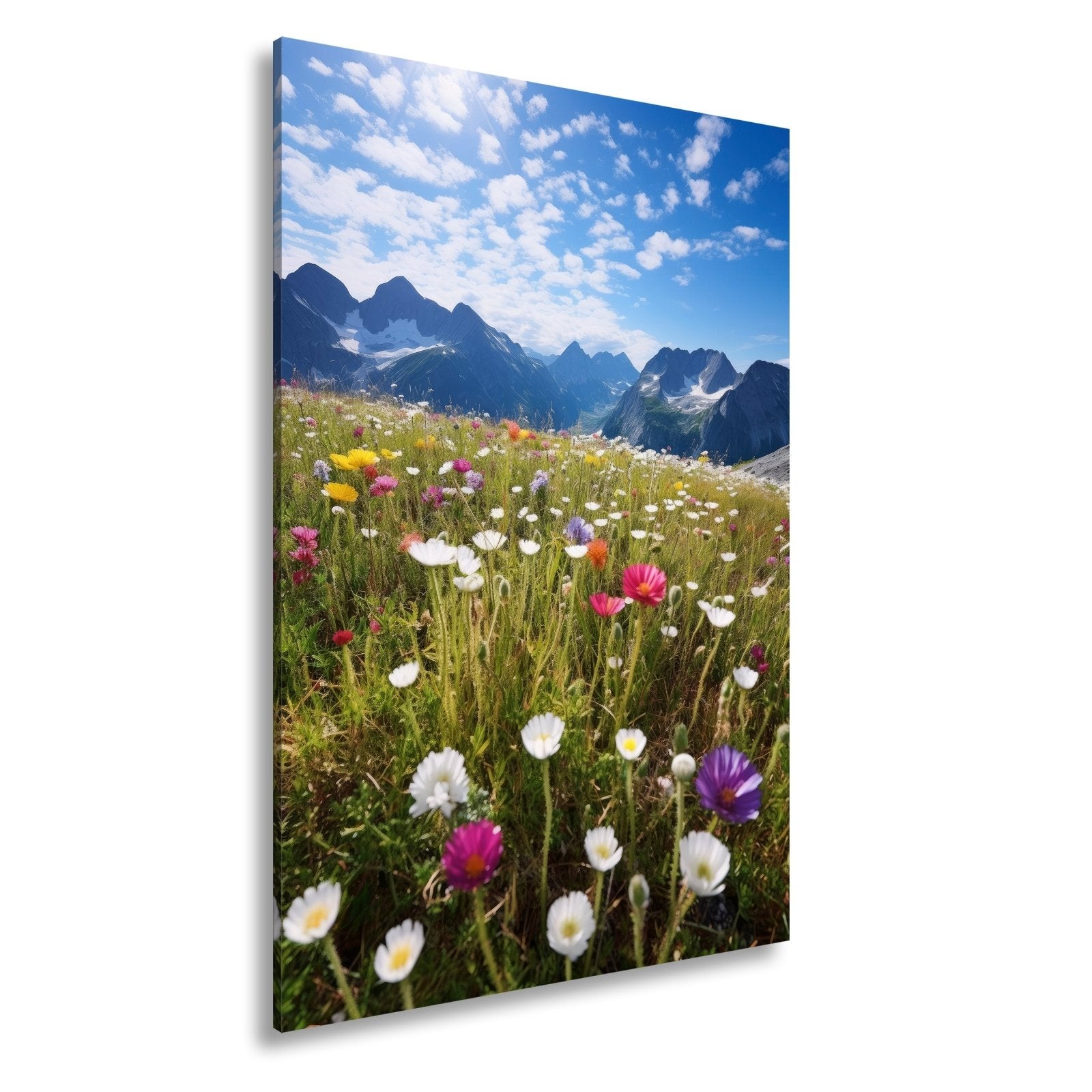 Leinwandbild Alpenblumen erblühen stolz vor majestätischer Bergkulisse. - deyoli