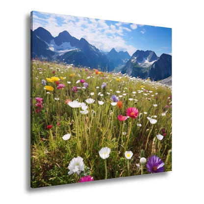 Leinwandbild Alpenblumen erblühen stolz vor majestätischer Bergkulisse. - deyoli