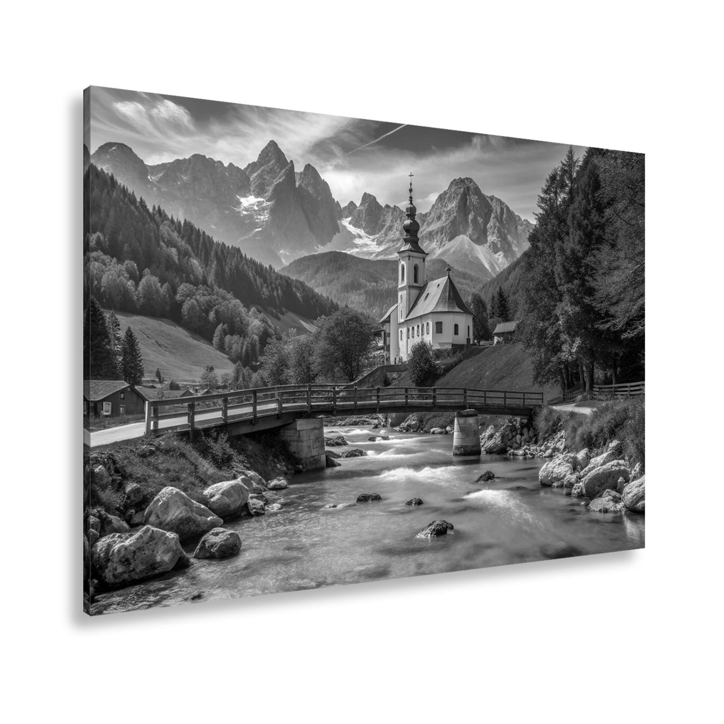 Leinwandbild Alpenidylle mit Kirche, Brücke und türkisblauem Bach. - deyoli