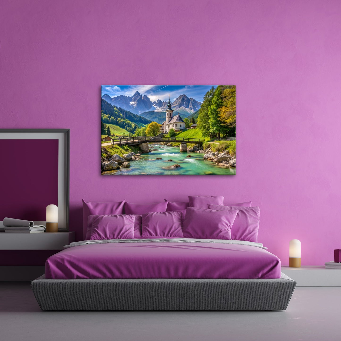 Leinwandbild Alpenidylle mit Kirche, Brücke und türkisblauem Bach. - deyoli