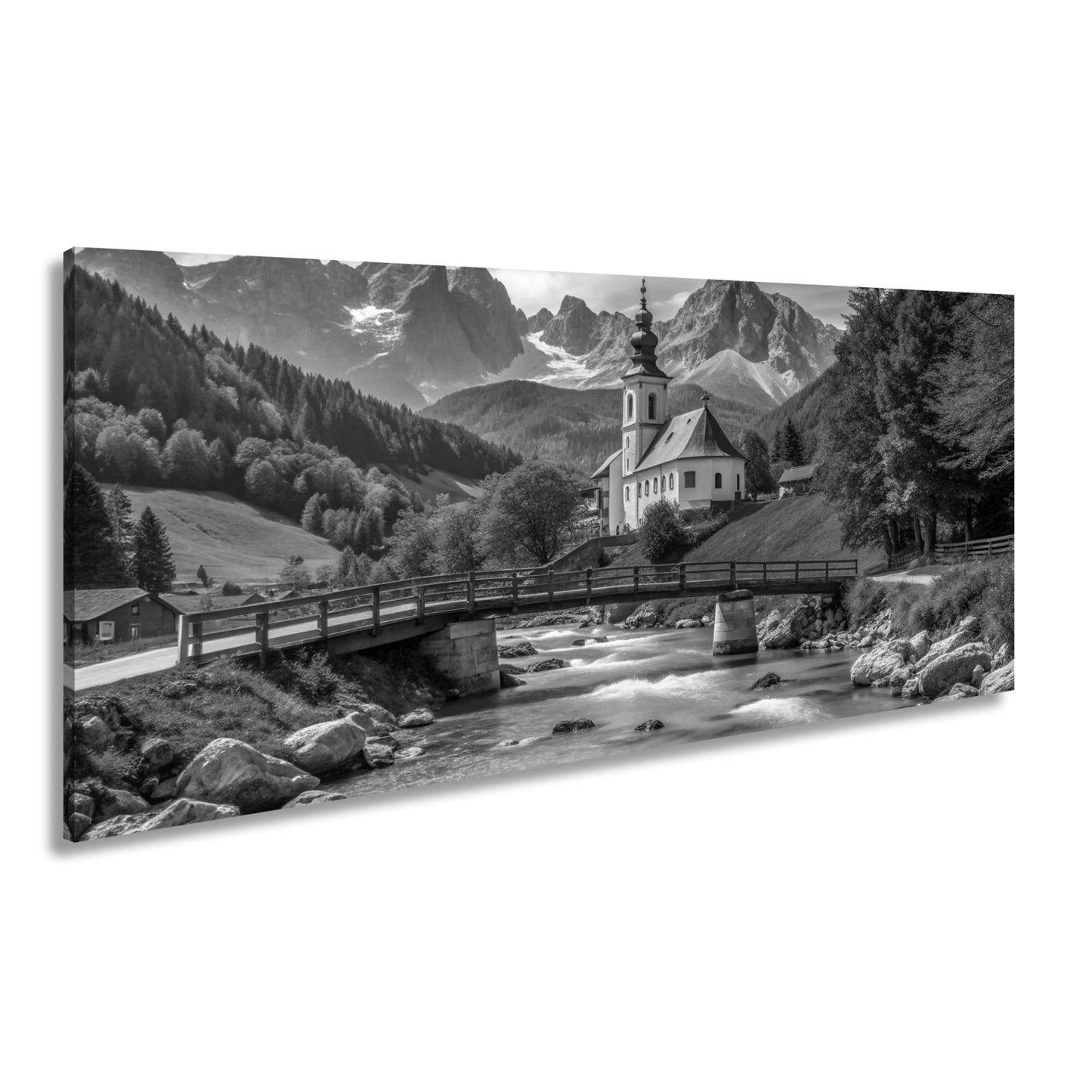 Leinwandbild Alpenidylle mit Kirche, Brücke und türkisblauem Bach. - deyoli
