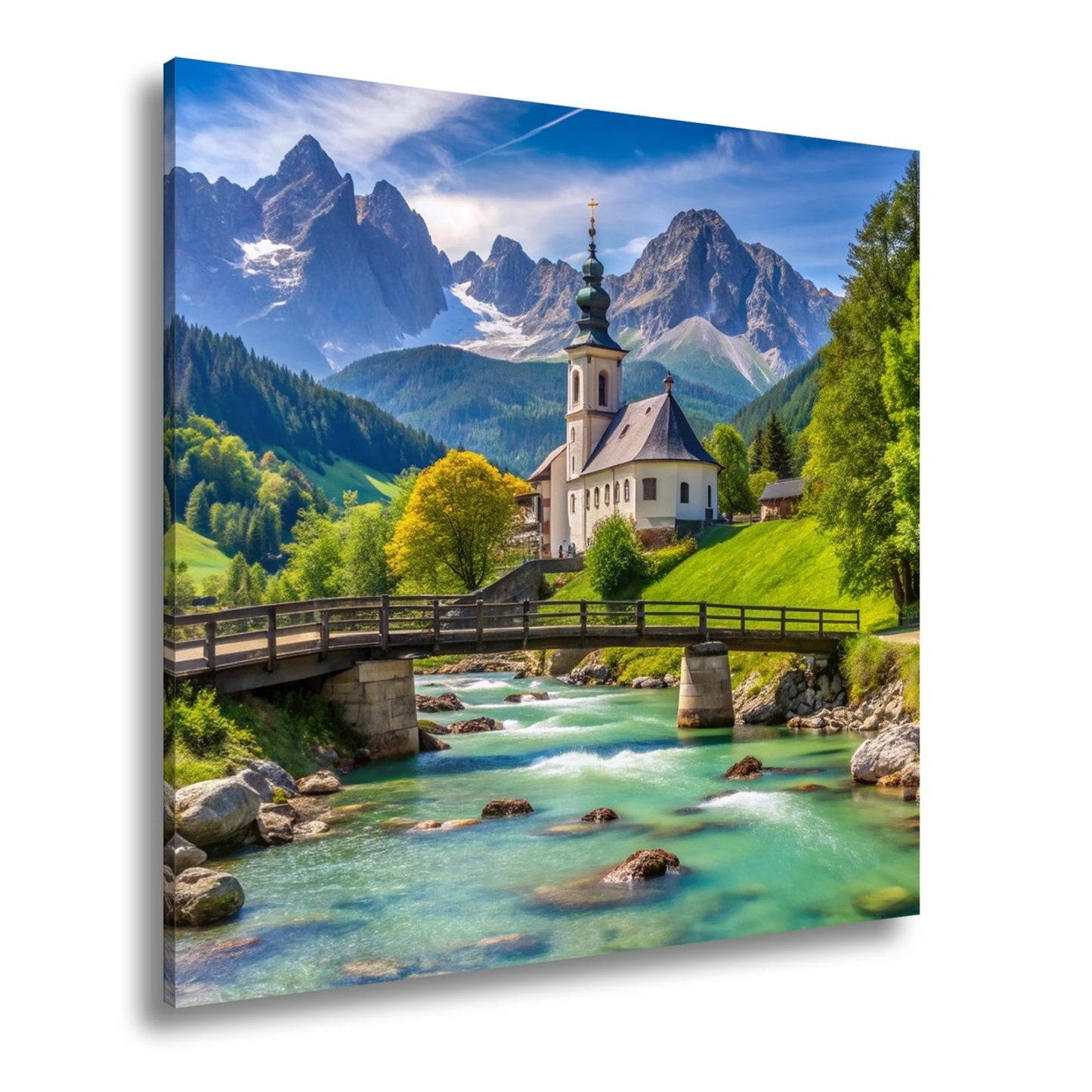 Leinwandbild Alpenidylle mit Kirche, Brücke und türkisblauem Bach. - deyoli