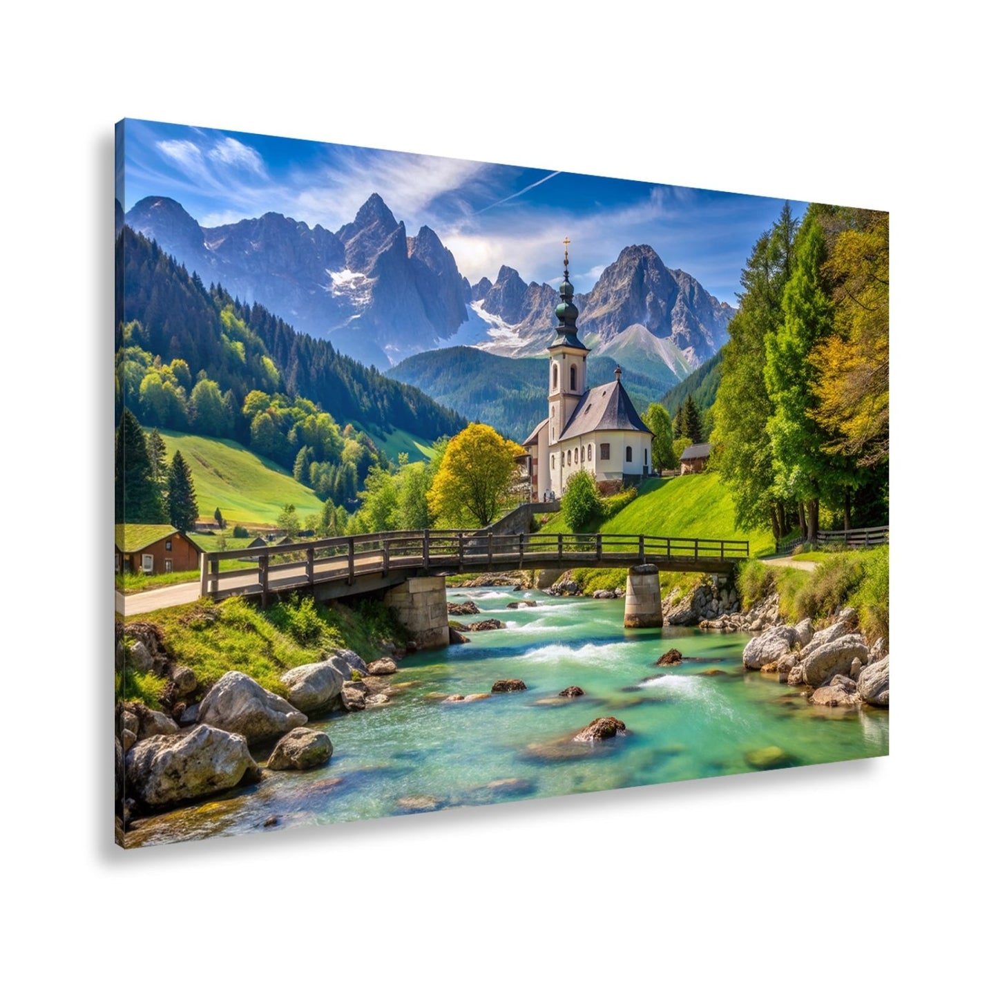 Leinwandbild Alpenidylle mit Kirche, Brücke und türkisblauem Bach. - deyoli