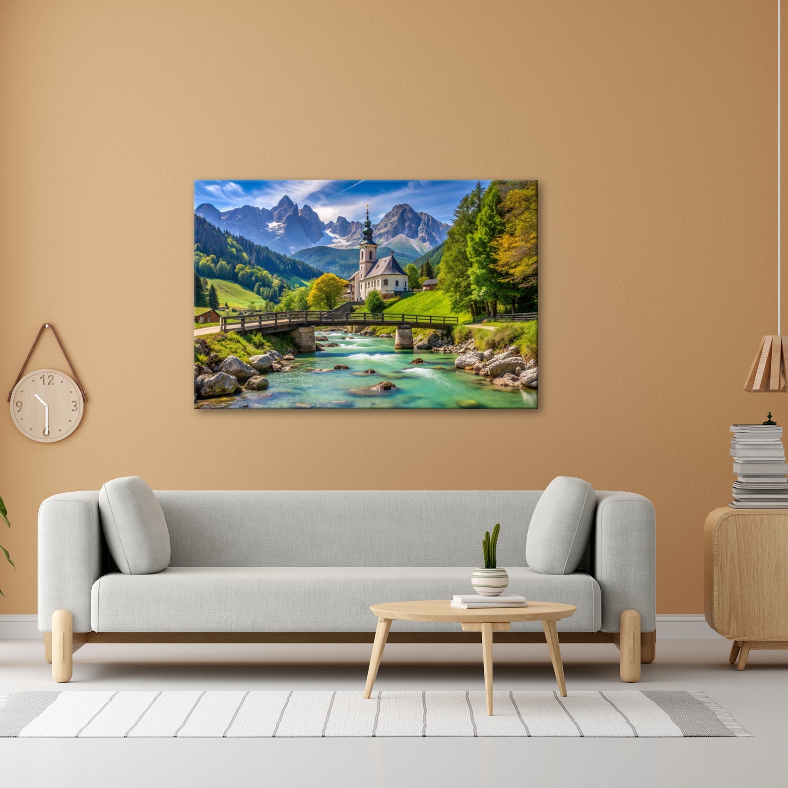 Leinwandbild Alpenidylle mit Kirche, Brücke und türkisblauem Bach. - deyoli