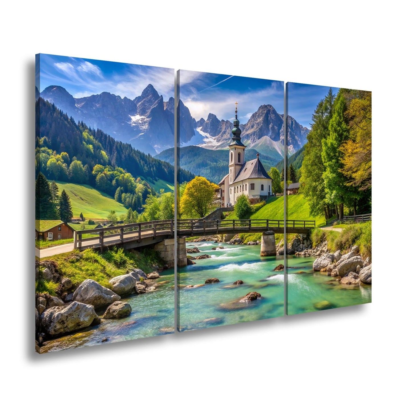 Leinwandbild Alpenidylle mit Kirche, Brücke und türkisblauem Bach. - deyoli