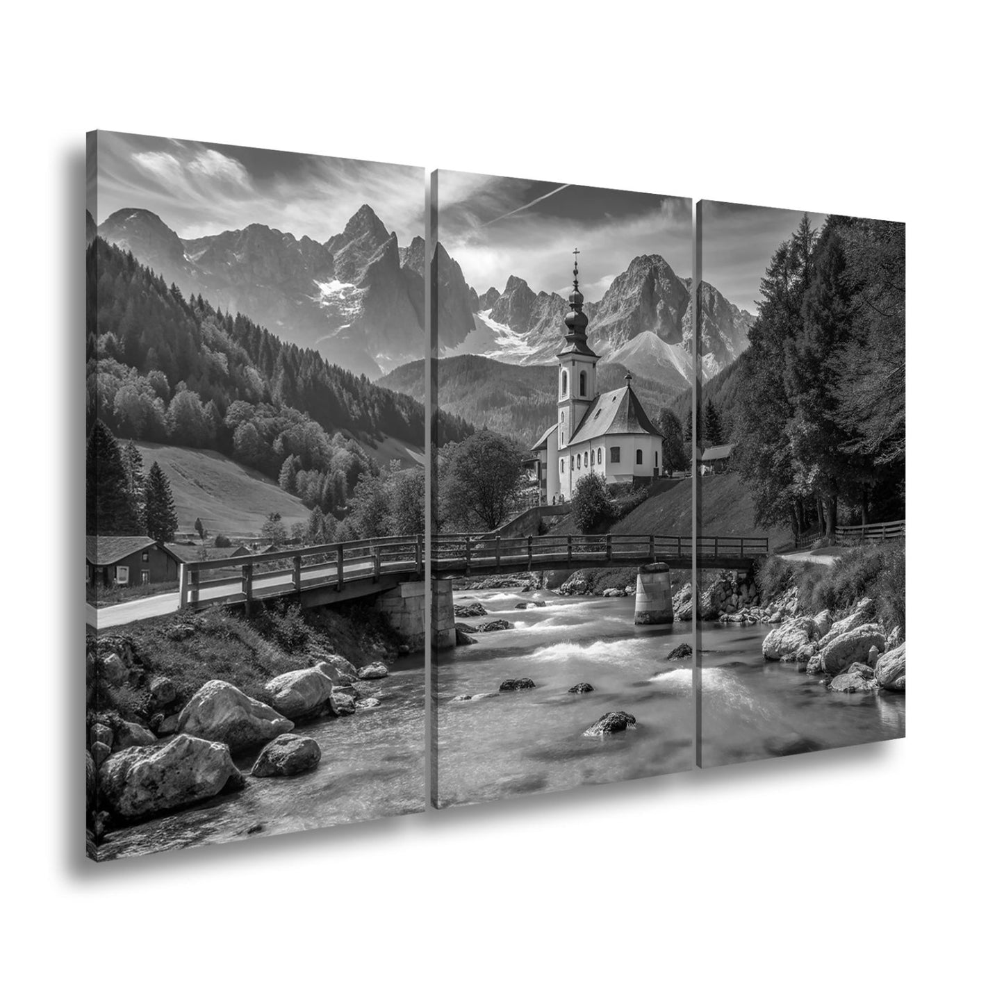Leinwandbild Alpenidylle mit Kirche, Brücke und türkisblauem Bach. - deyoli