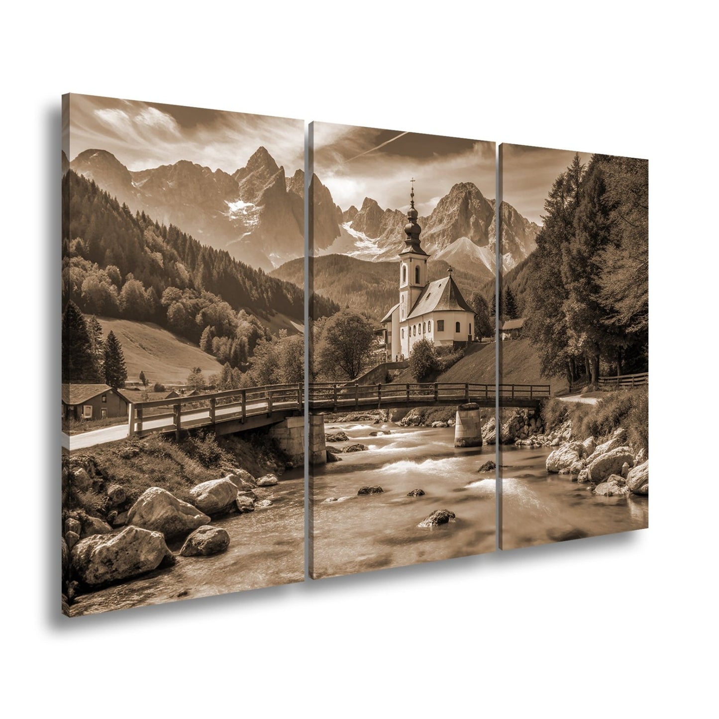 Leinwandbild Alpenidylle mit Kirche, Brücke und türkisblauem Bach. - deyoli