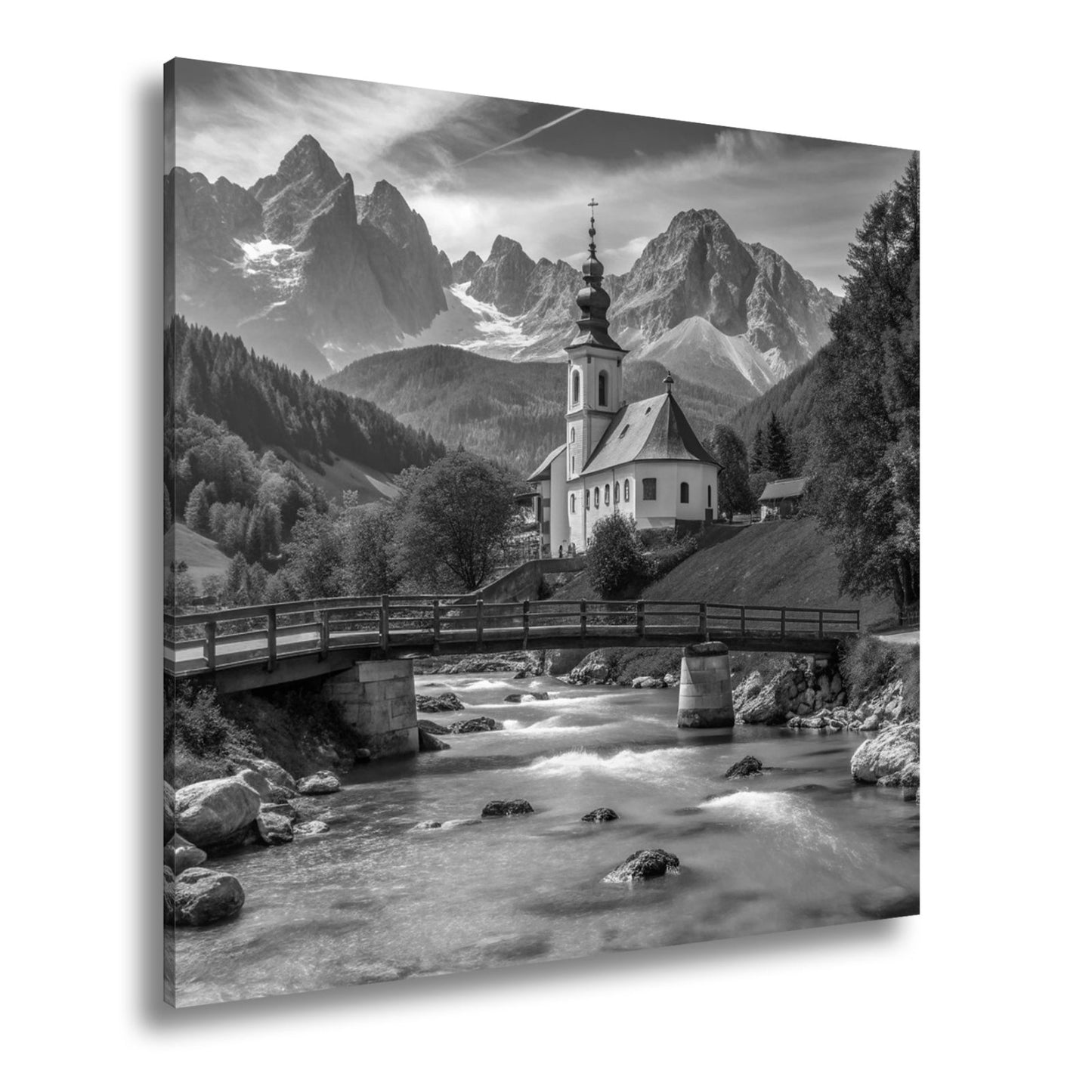 Leinwandbild Alpenidylle mit Kirche, Brücke und türkisblauem Bach. - deyoli