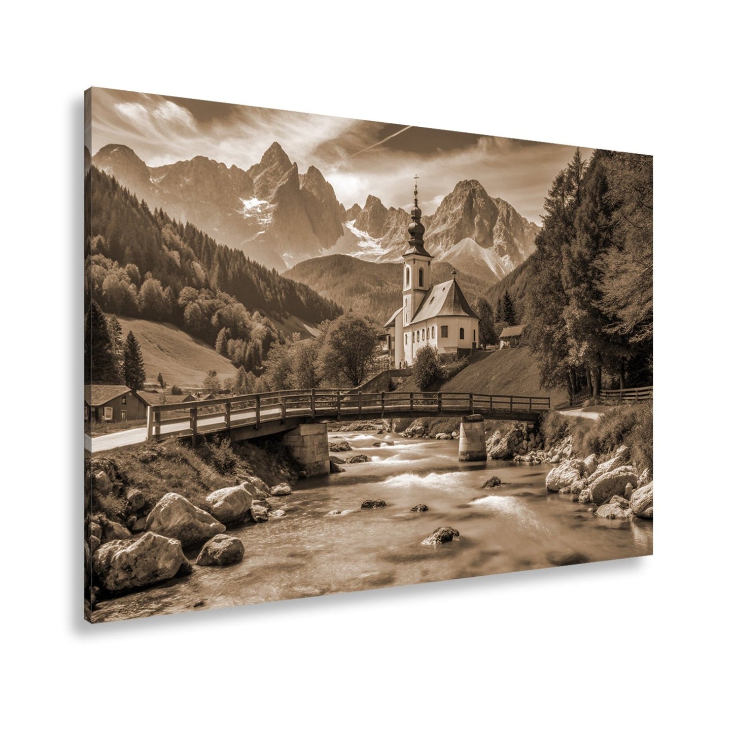 Leinwandbild Alpenidylle mit Kirche, Brücke und türkisblauem Bach. - deyoli
