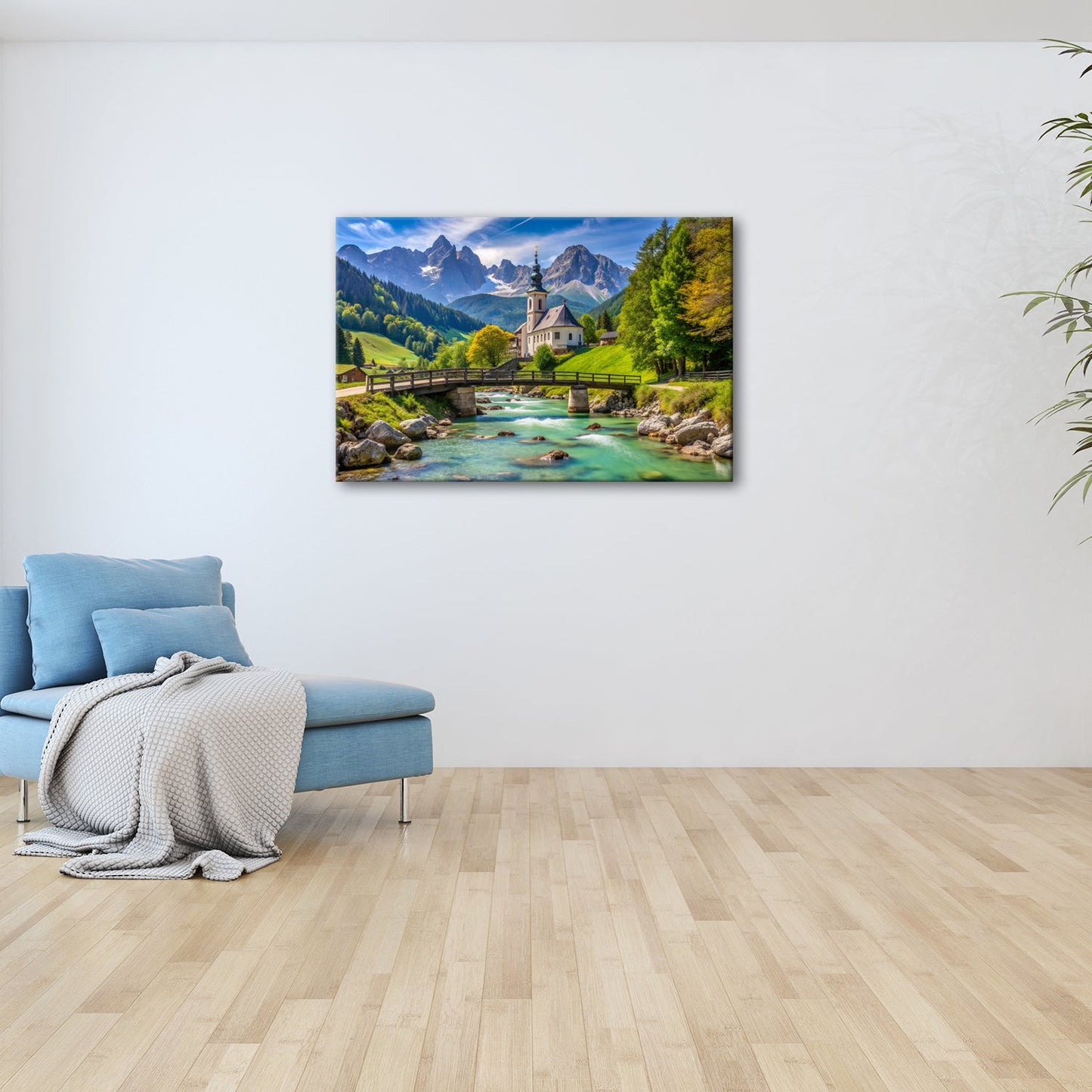 Leinwandbild Alpenidylle mit Kirche, Brücke und türkisblauem Bach. - deyoli