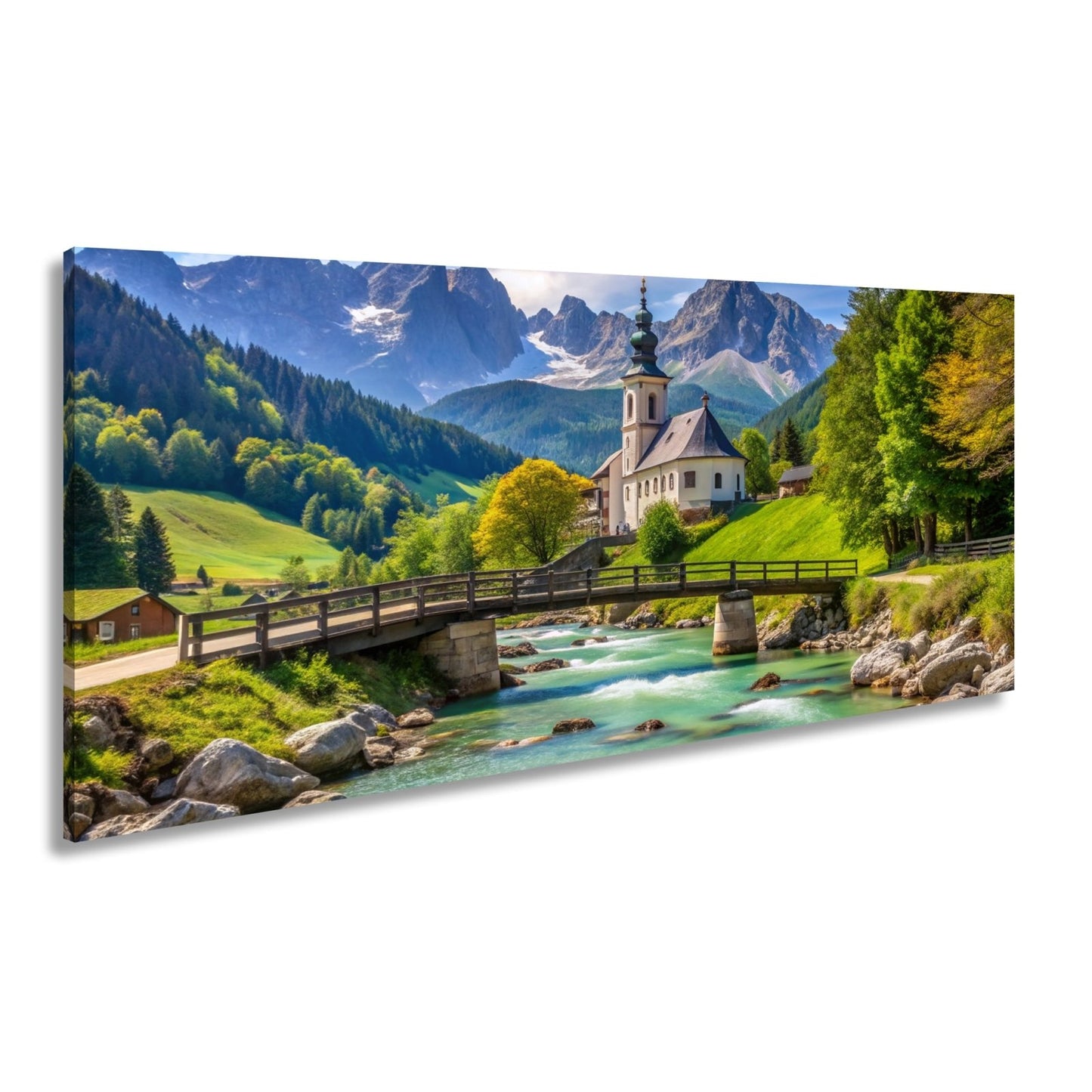 Leinwandbild Alpenidylle mit Kirche, Brücke und türkisblauem Bach. - deyoli
