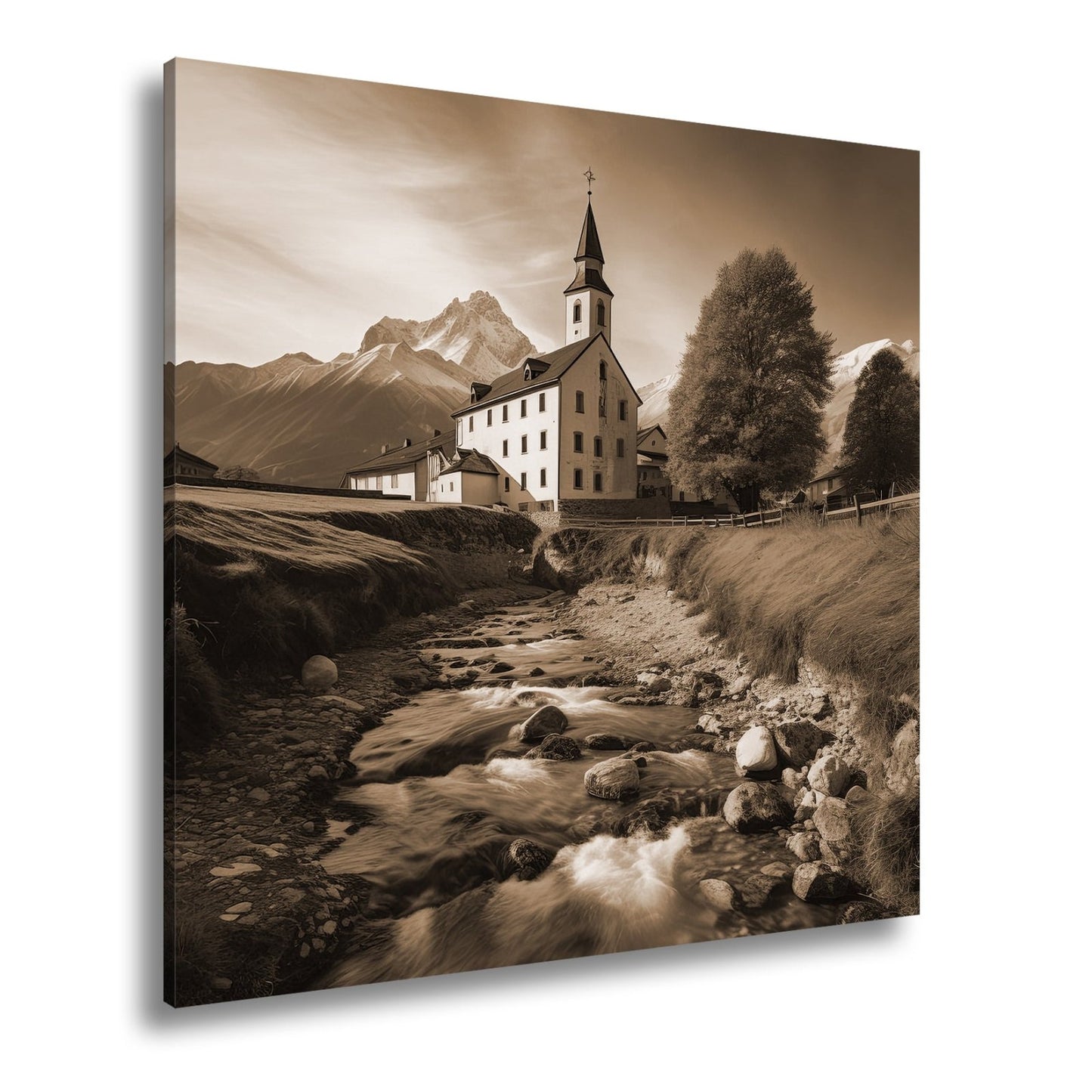 Leinwandbild Alpenkirche wacht über den goldenen Strom des Herbsts. - deyoli