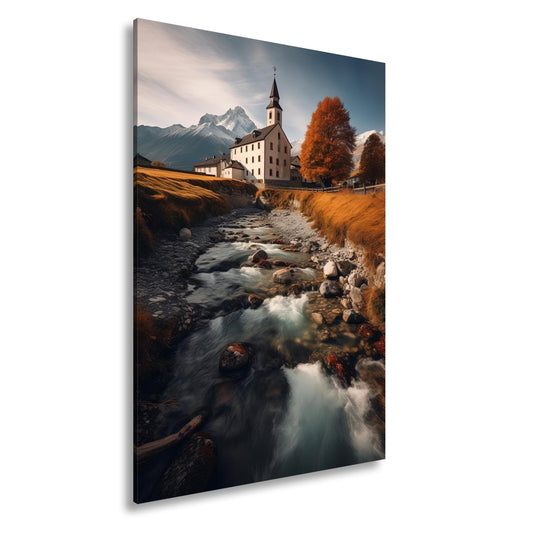 Leinwandbild Alpenkirche wacht über den goldenen Strom des Herbsts. - deyoli