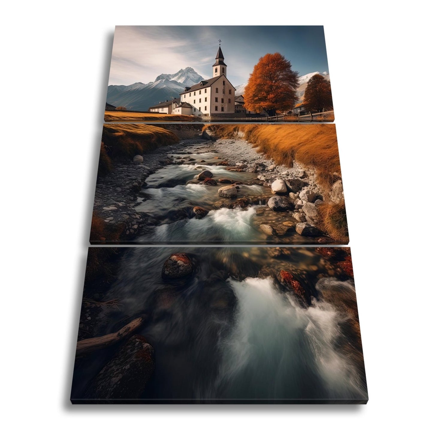Leinwandbild Alpenkirche wacht über den goldenen Strom des Herbsts. - deyoli