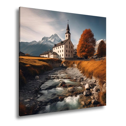 Leinwandbild Alpenkirche wacht über den goldenen Strom des Herbsts. - deyoli