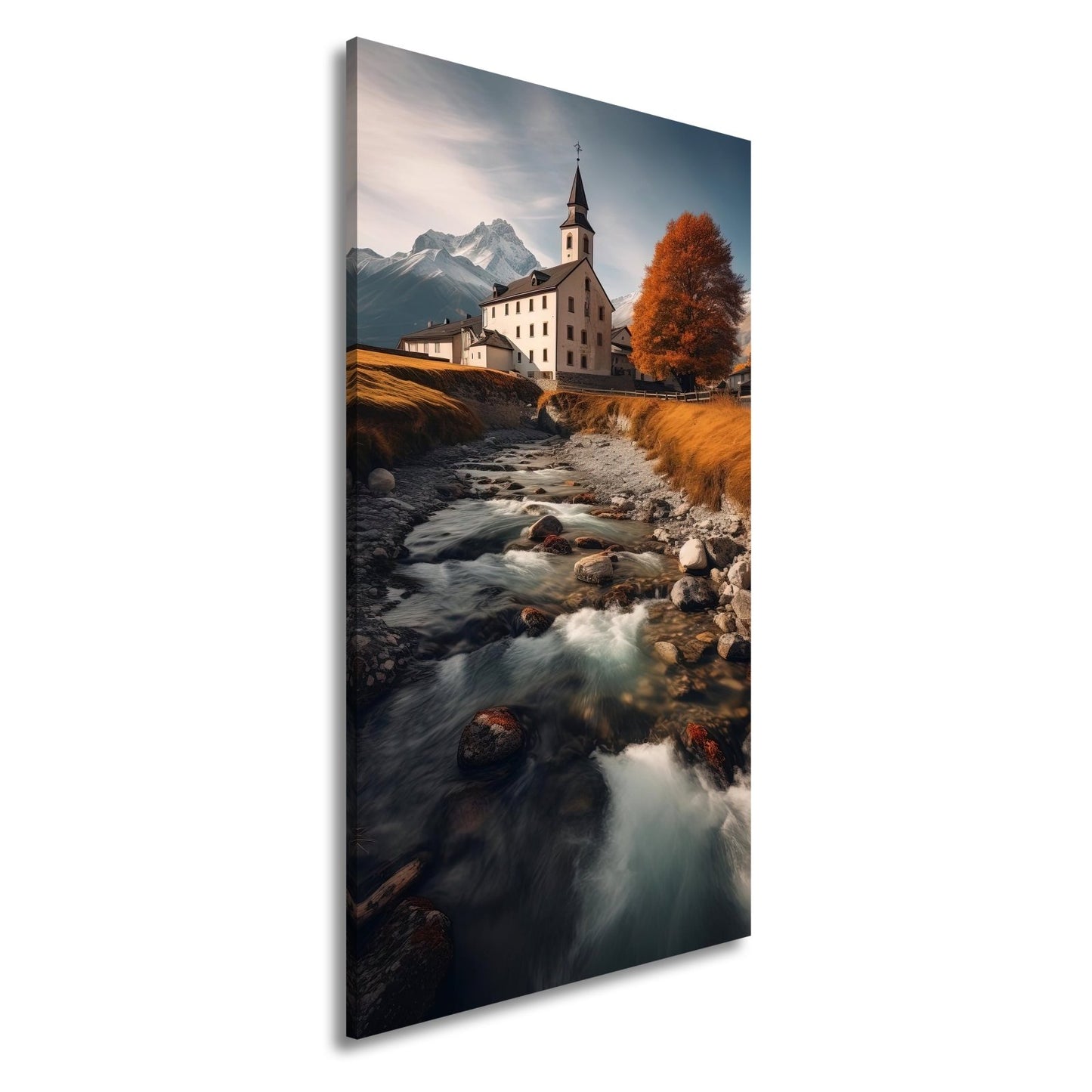 Leinwandbild Alpenkirche wacht über den goldenen Strom des Herbsts. - deyoli