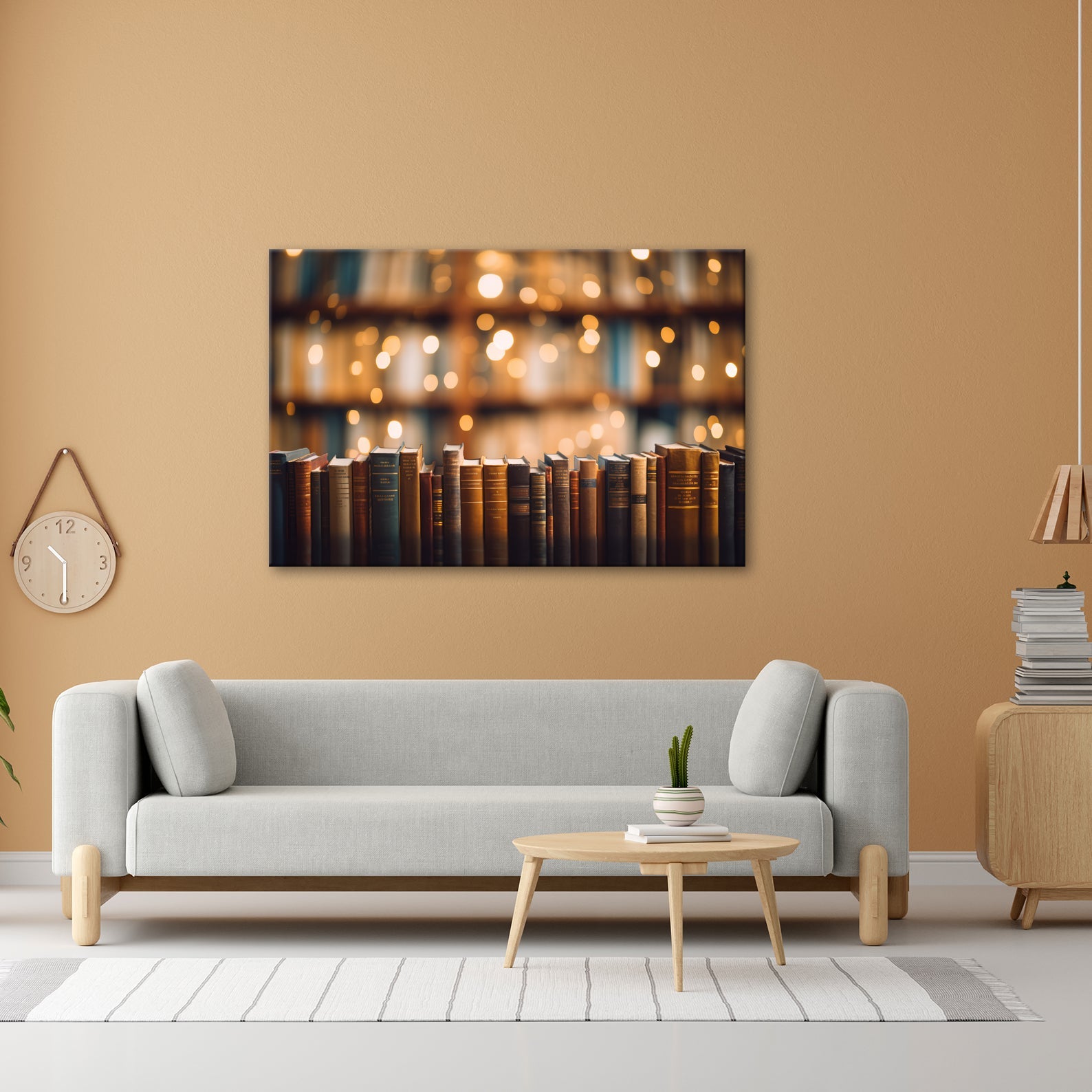 Leinwandbild Alte Bücher – Warm im Zauber der Bibliothekslichter XXL - deyoli