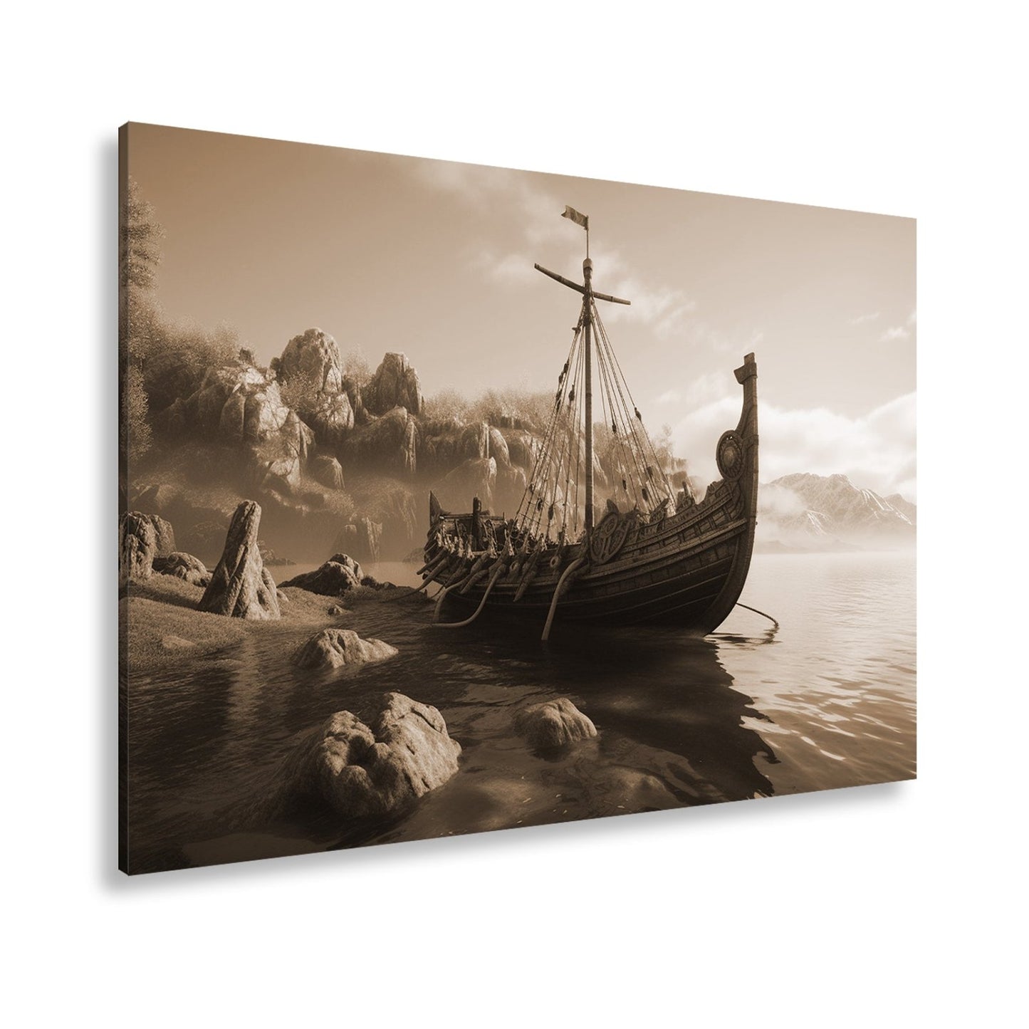 Leinwandbild Altes Wikingerschiff – Friedliche Morgenstimmung XXL - deyoli