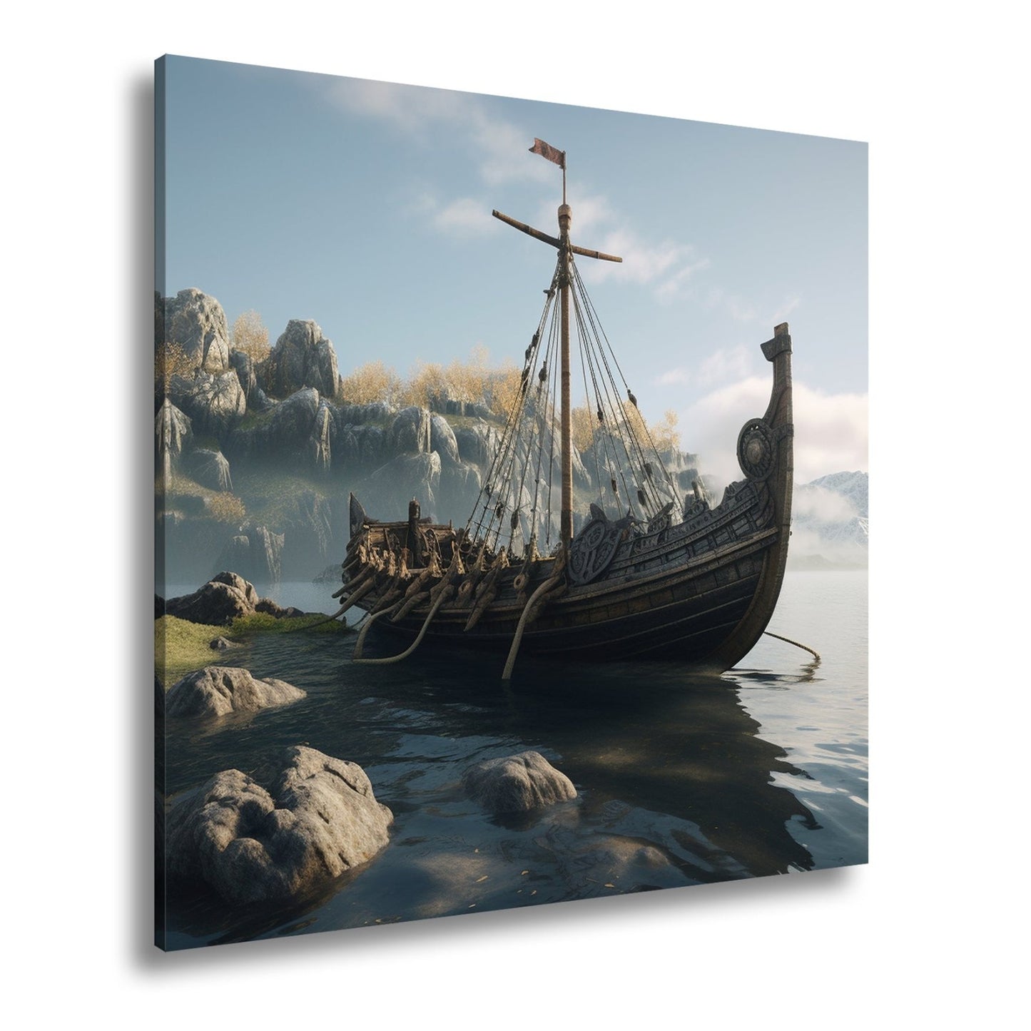 Leinwandbild Altes Wikingerschiff – Friedliche Morgenstimmung XXL - deyoli