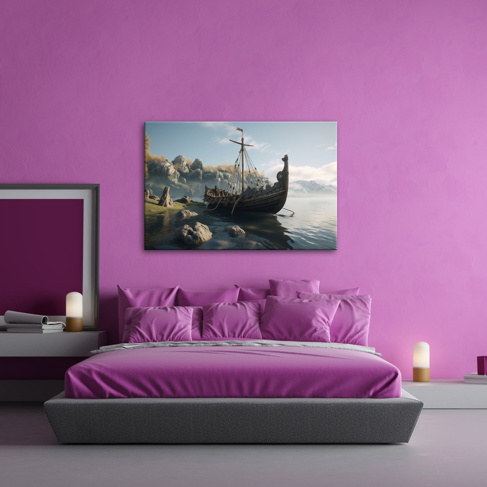 Leinwandbild Altes Wikingerschiff – Friedliche Morgenstimmung XXL - deyoli