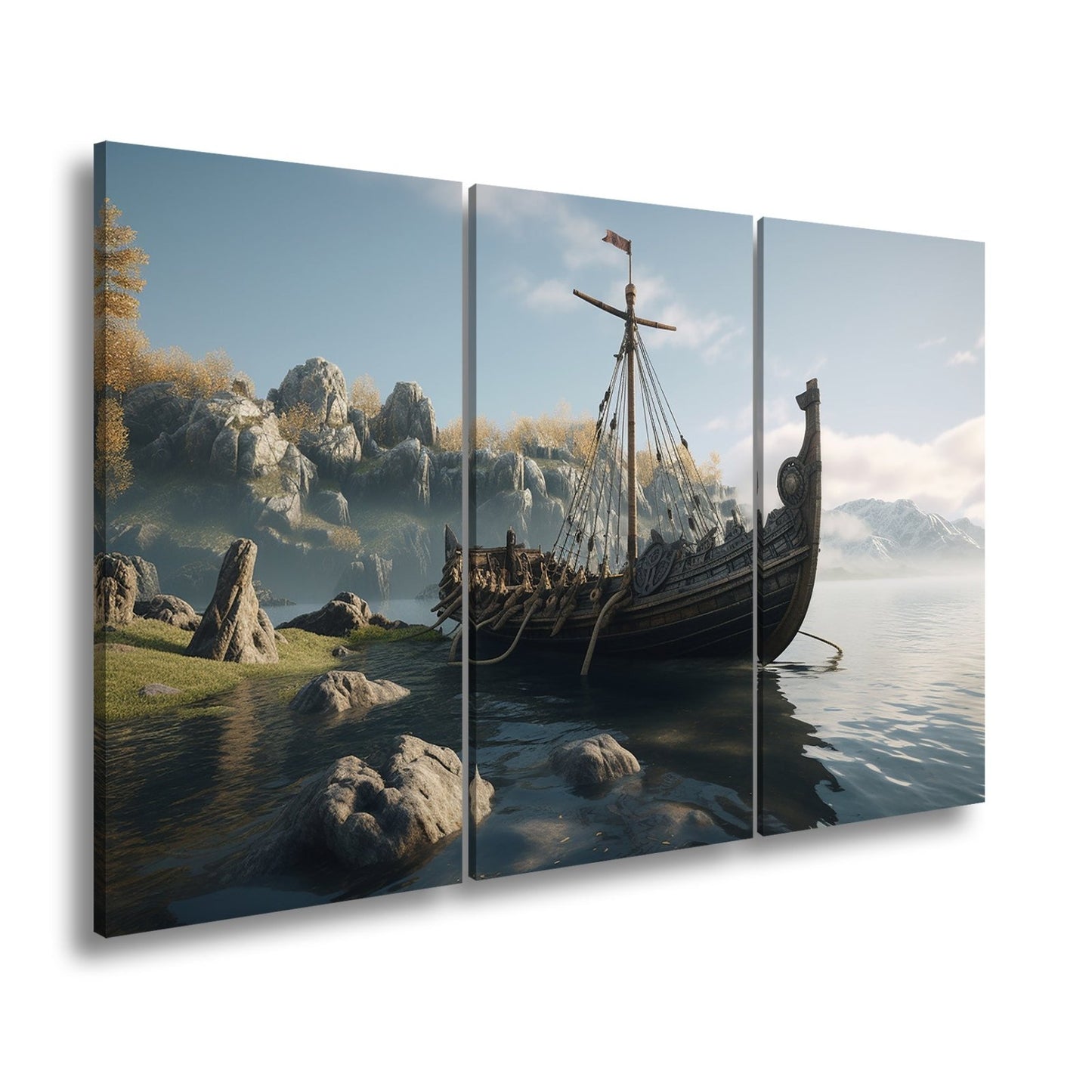 Leinwandbild Altes Wikingerschiff – Friedliche Morgenstimmung XXL - deyoli