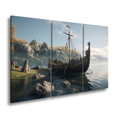 Leinwandbild Altes Wikingerschiff – Friedliche Morgenstimmung XXL - deyoli