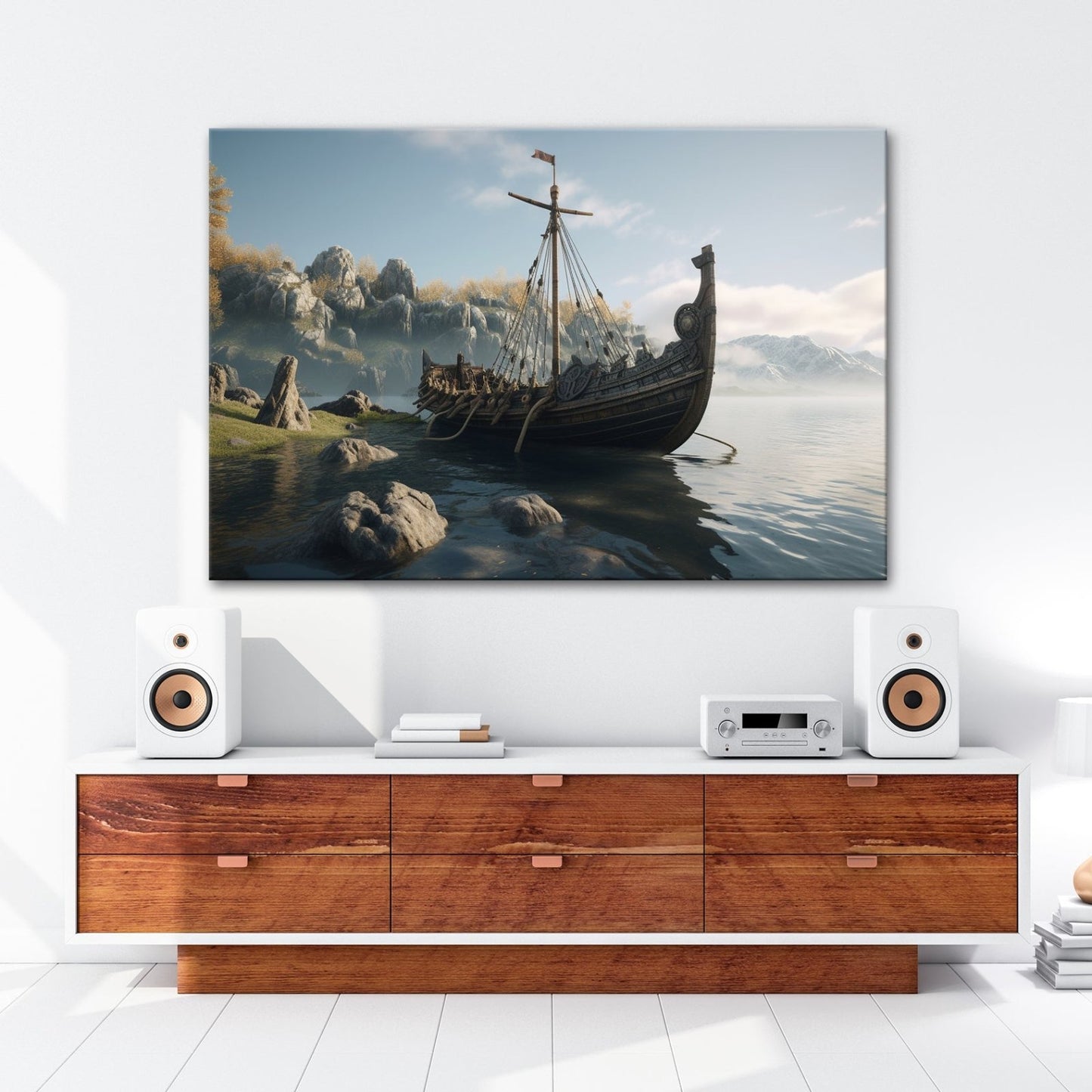 Leinwandbild Altes Wikingerschiff – Friedliche Morgenstimmung XXL - deyoli