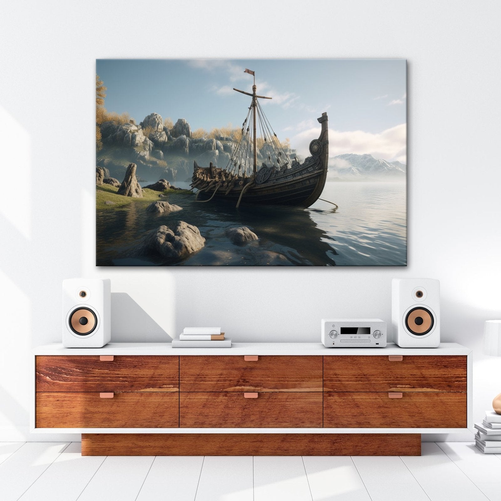 Leinwandbild Altes Wikingerschiff – Friedliche Morgenstimmung XXL - deyoli