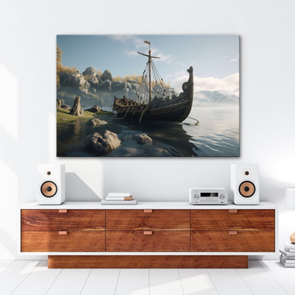 Leinwandbild Altes Wikingerschiff – Friedliche Morgenstimmung XXL - deyoli