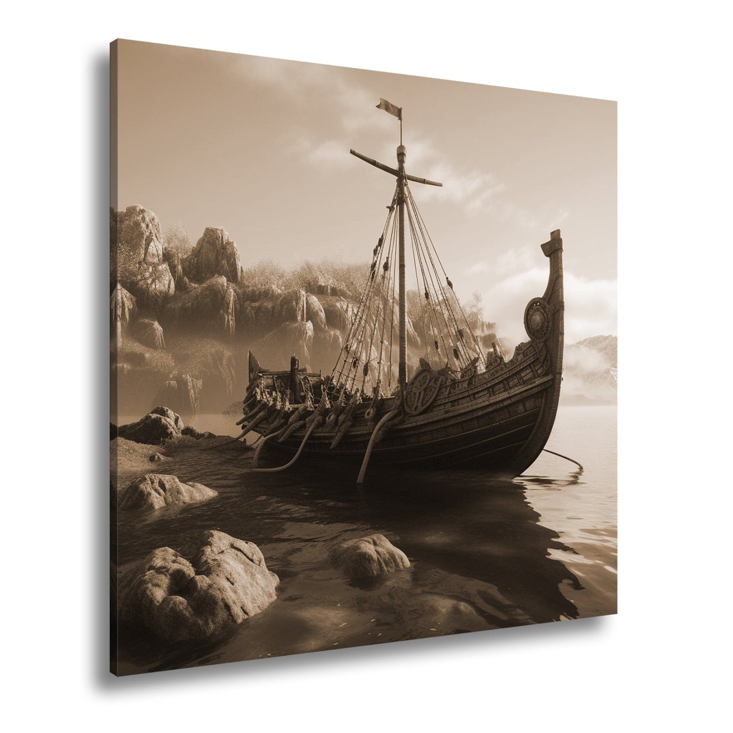 Leinwandbild Altes Wikingerschiff – Friedliche Morgenstimmung XXL - deyoli