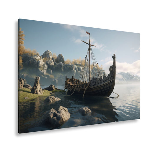 Leinwandbild Altes Wikingerschiff – Friedliche Morgenstimmung XXL - deyoli