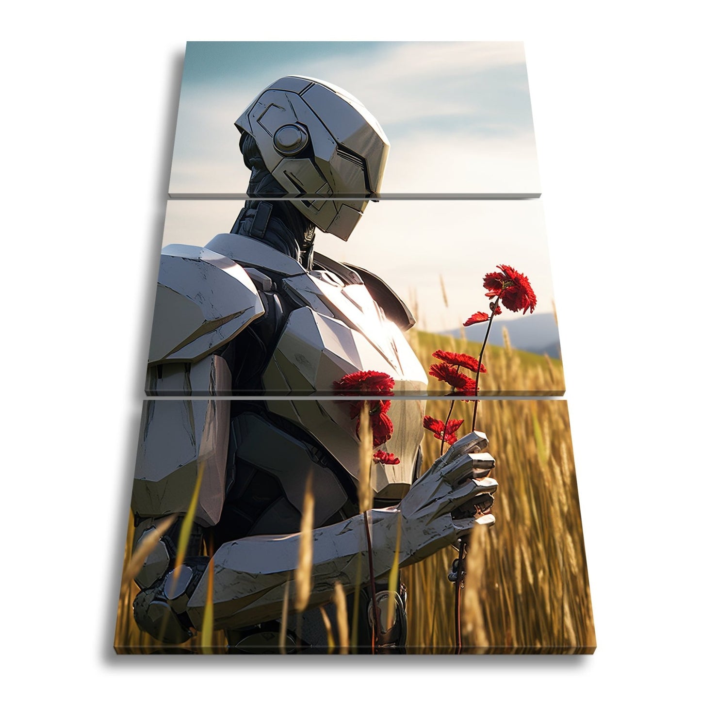 Leinwandbild Androide XXL – Sanft mit roten Blumen im goldenen Feld - deyoli