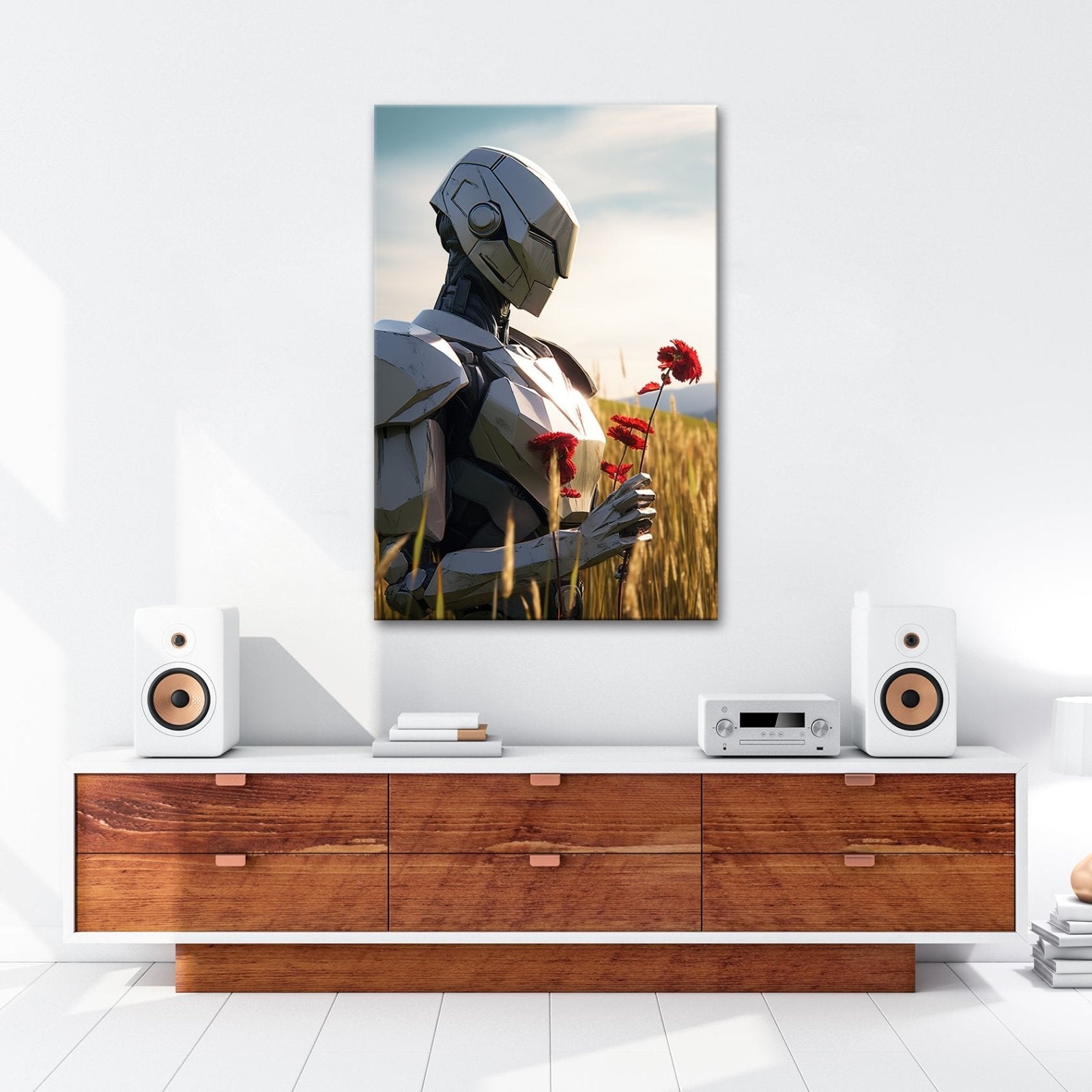 Leinwandbild Androide XXL – Sanft mit roten Blumen im goldenen Feld - deyoli