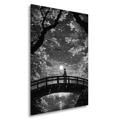 Leinwandbild Anime XXL – Einsamer Krieger auf Brücke im roten Herbstmondlicht - deyoli