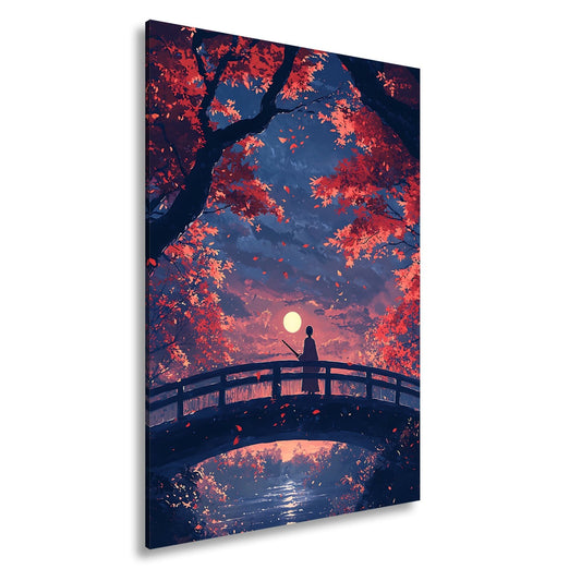 Leinwandbild Anime XXL – Einsamer Krieger auf Brücke im roten Herbstmondlicht - deyoli