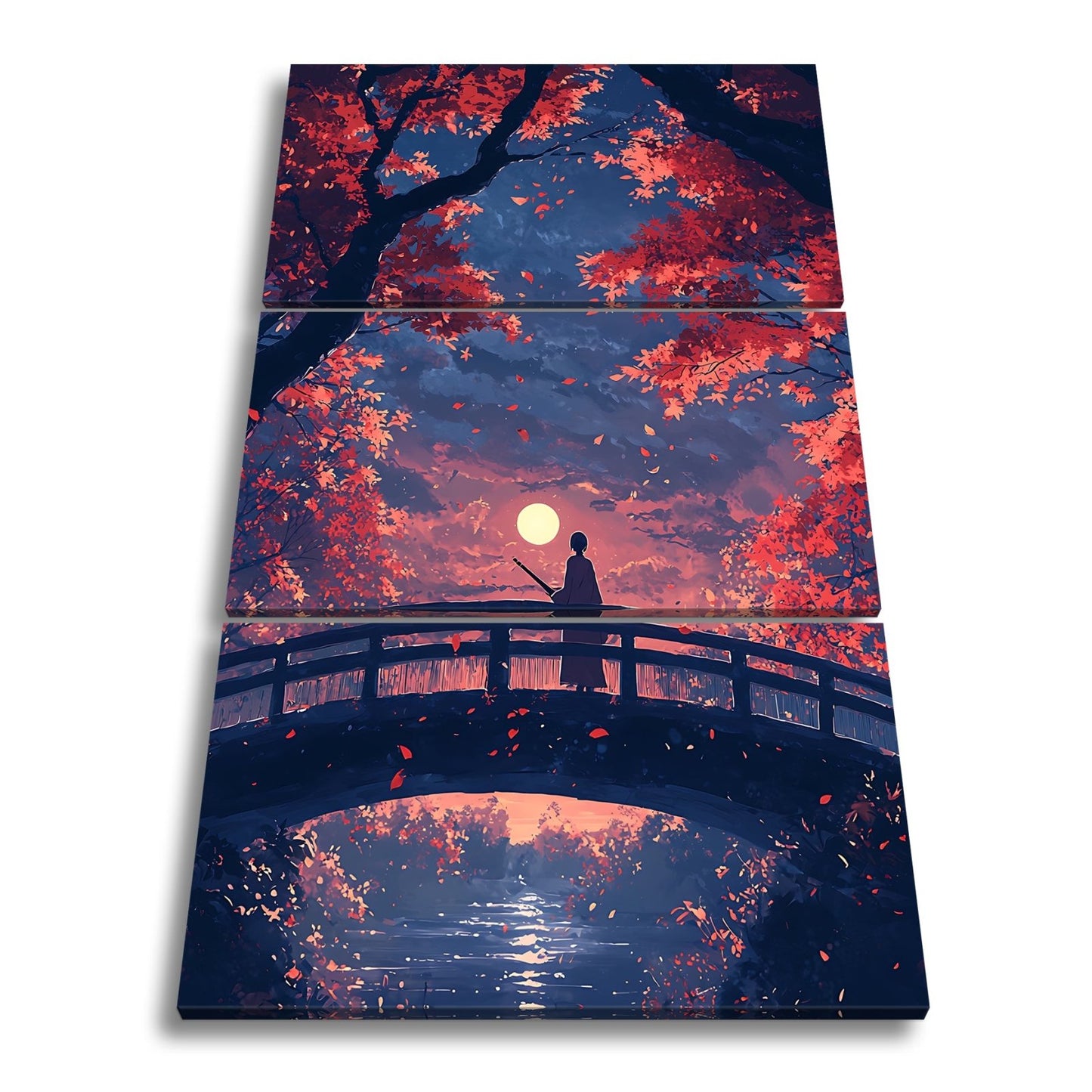 Leinwandbild Anime XXL – Einsamer Krieger auf Brücke im roten Herbstmondlicht - deyoli