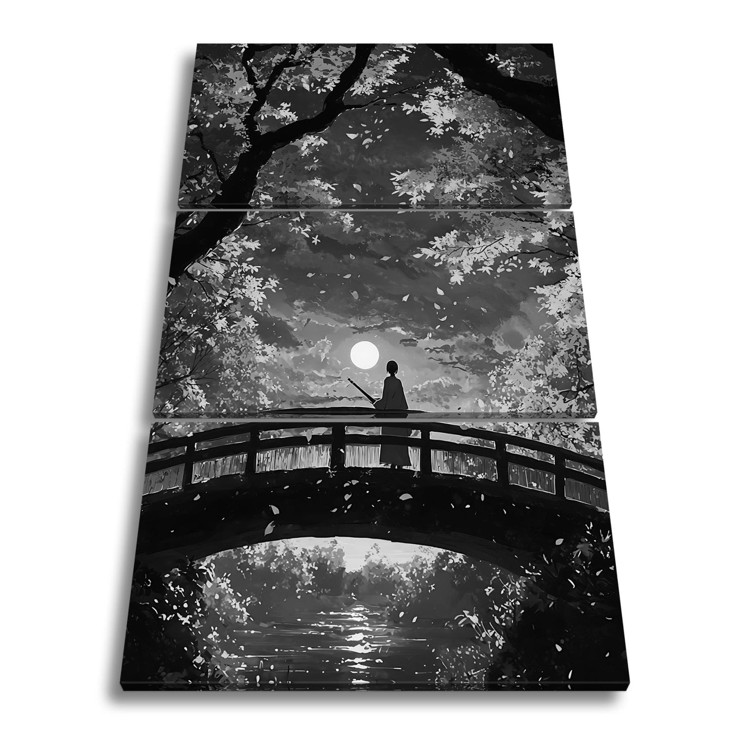 Leinwandbild Anime XXL – Einsamer Krieger auf Brücke im roten Herbstmondlicht - deyoli